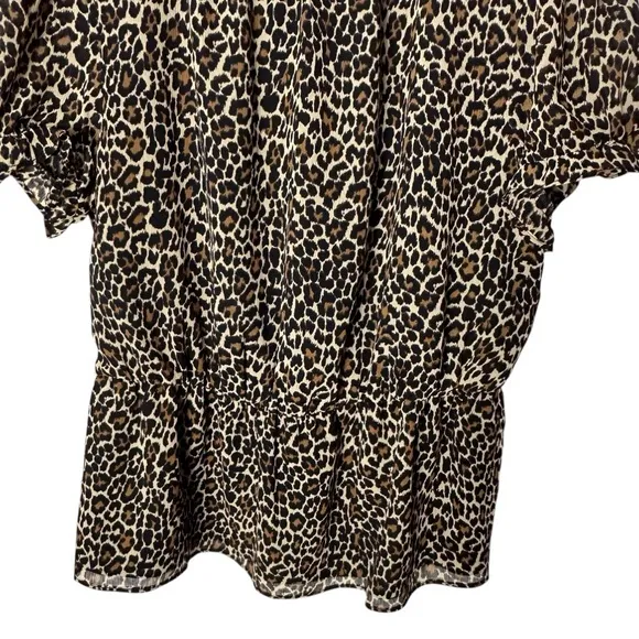 J.‎ Crew Leopard Print Blouse Small A0549 Smocked Waist Short Sleeve Black Tan - Image 4