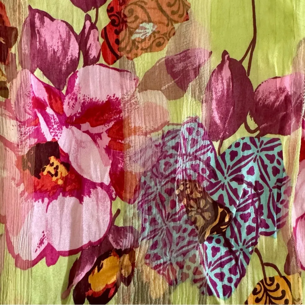 90s Vintage Marcrozier Paris Floral Print Silk Oblong Scarf Wrap, Green & Pink - Image 11
