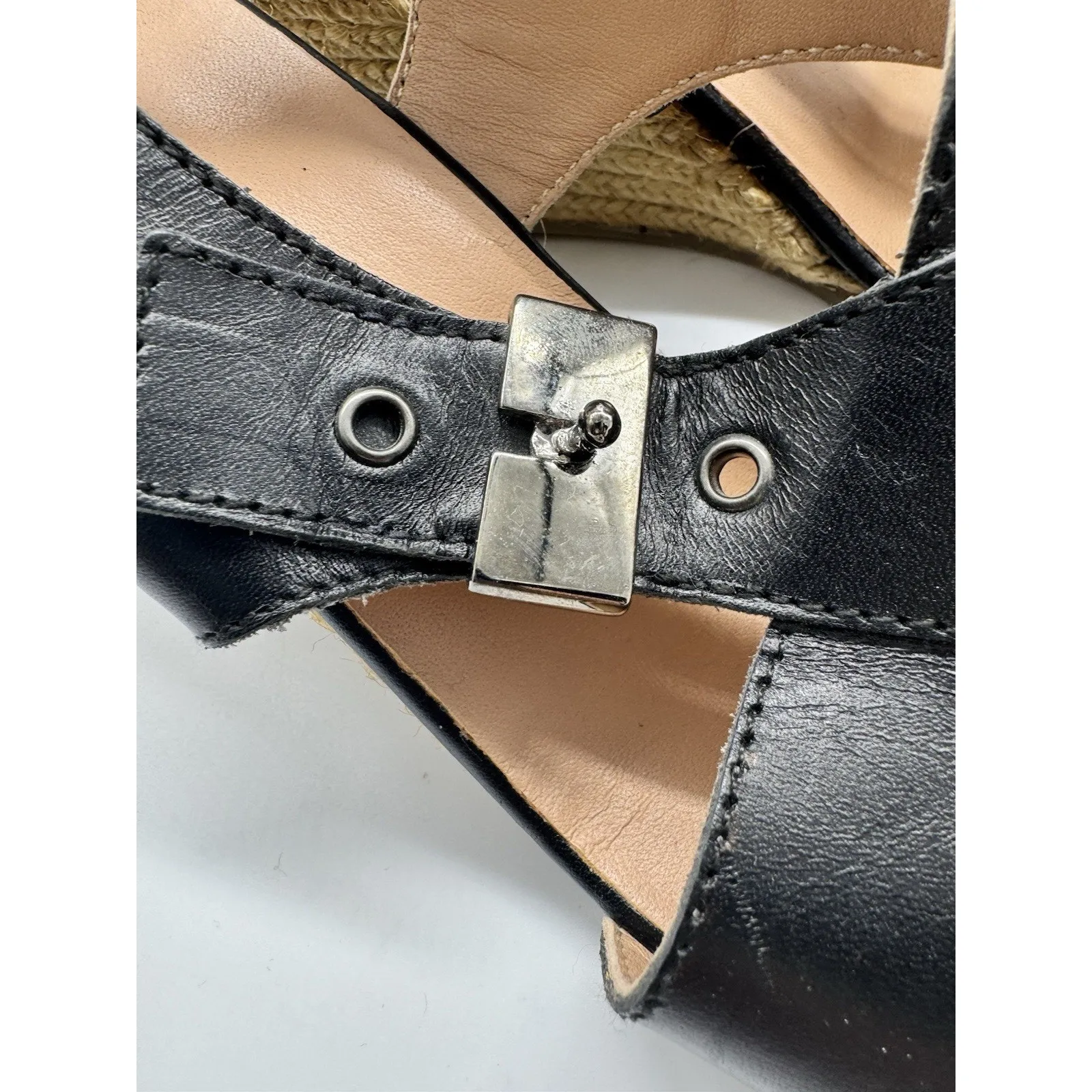 Eric Michael Black Leather Espadrille Wedge Sandals Size 9 Euro 40 Made In Spain - Image 5