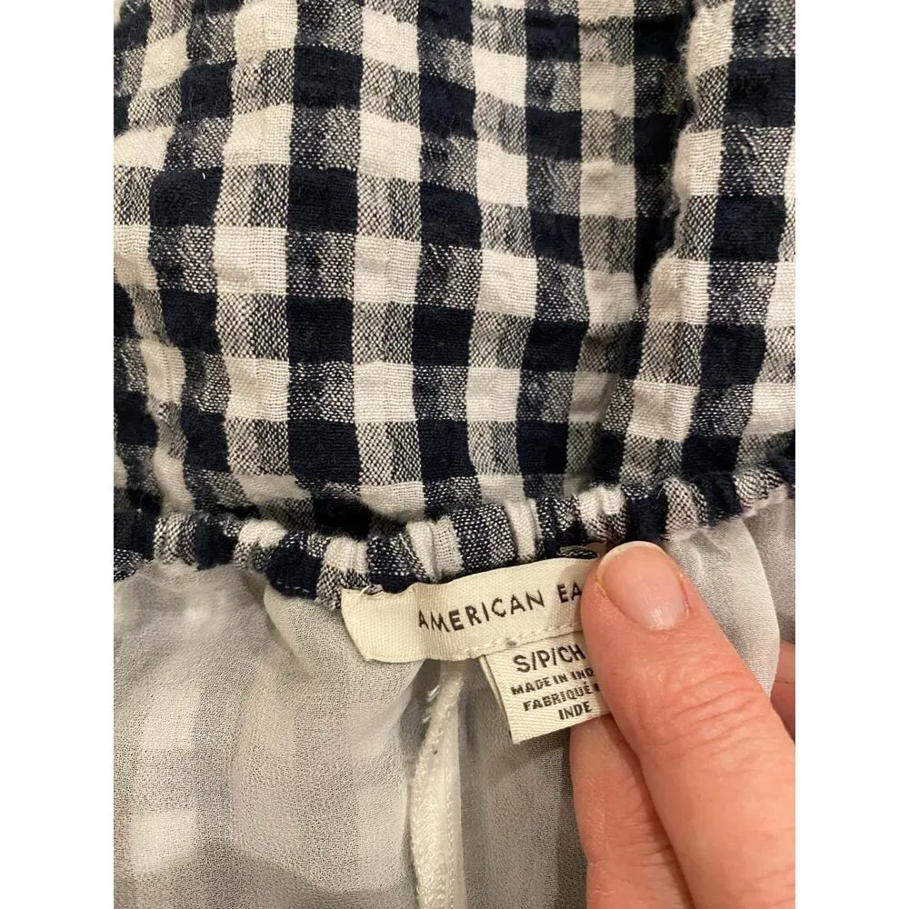 American Eagle Women's Dress S Gingham Check Sleeveless Navy White Cotton Linen - Image 5