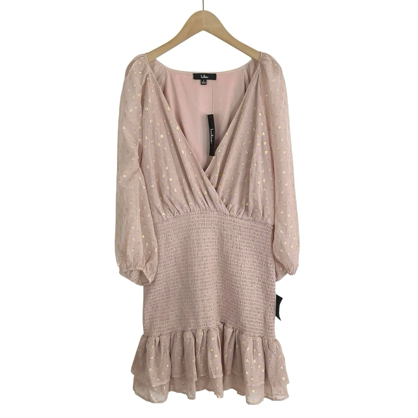 NWT Lulus All The Cheers Mauve Pink and Gold Dotted Smocked Mini Dress Large - Image 3