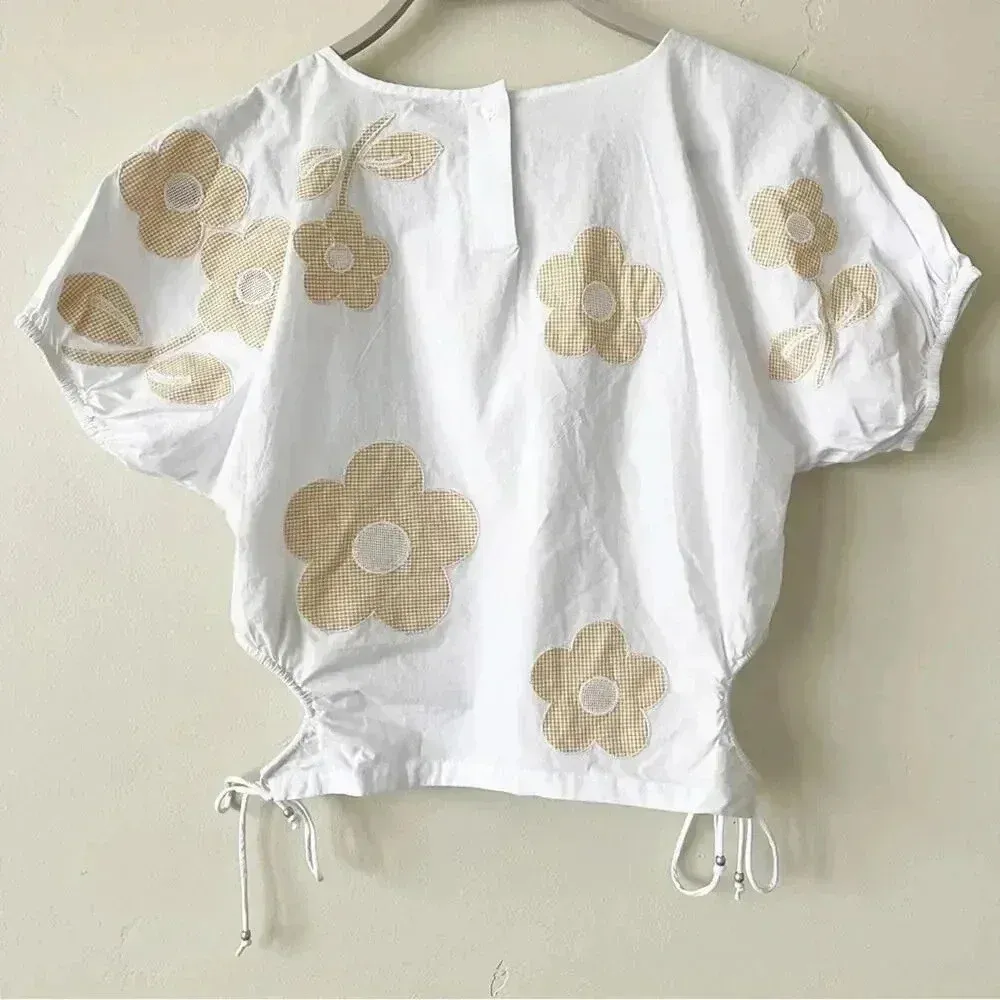 Madewell Embroidered Poplin Puff Sleeve Cutout Crop Top White Floral XS NWT - Image 9