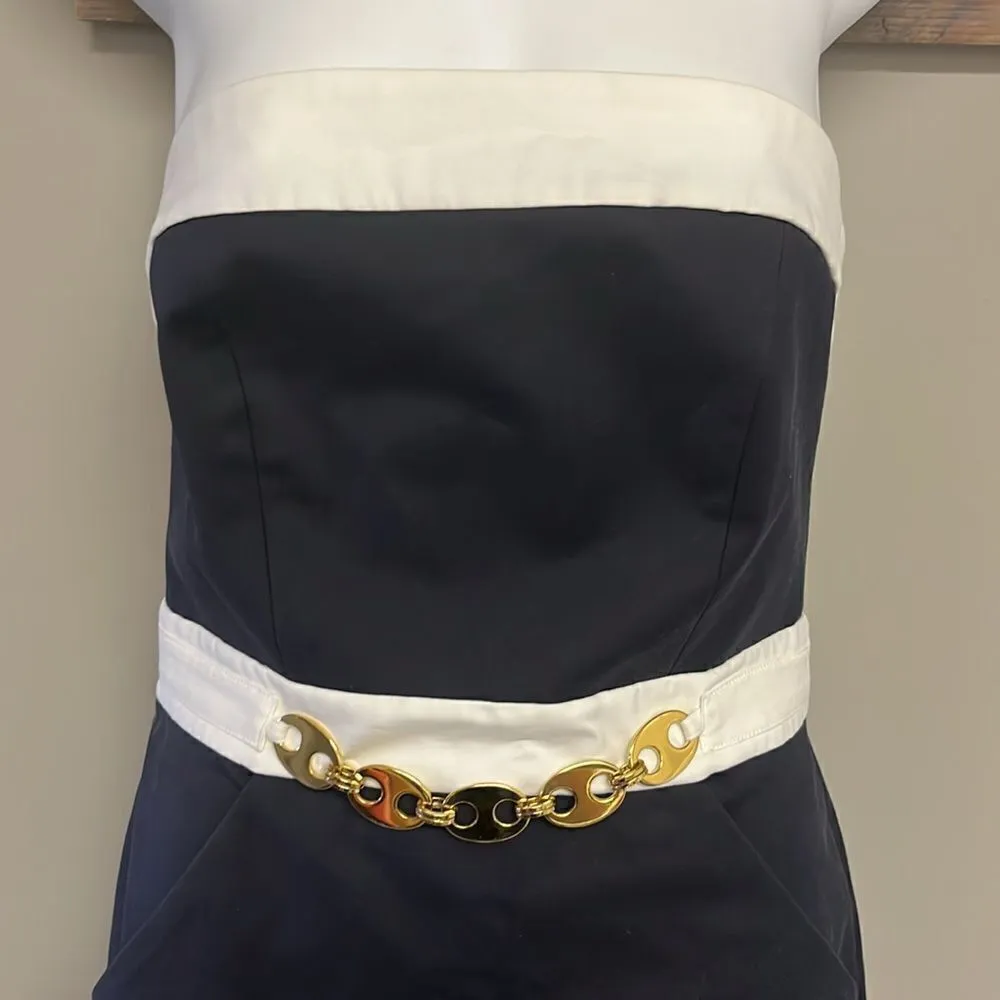 Milly Navy White Strapless Zip-Up Dress Gold-Tone Chain Nautical Mini-Size 4 - Image 3