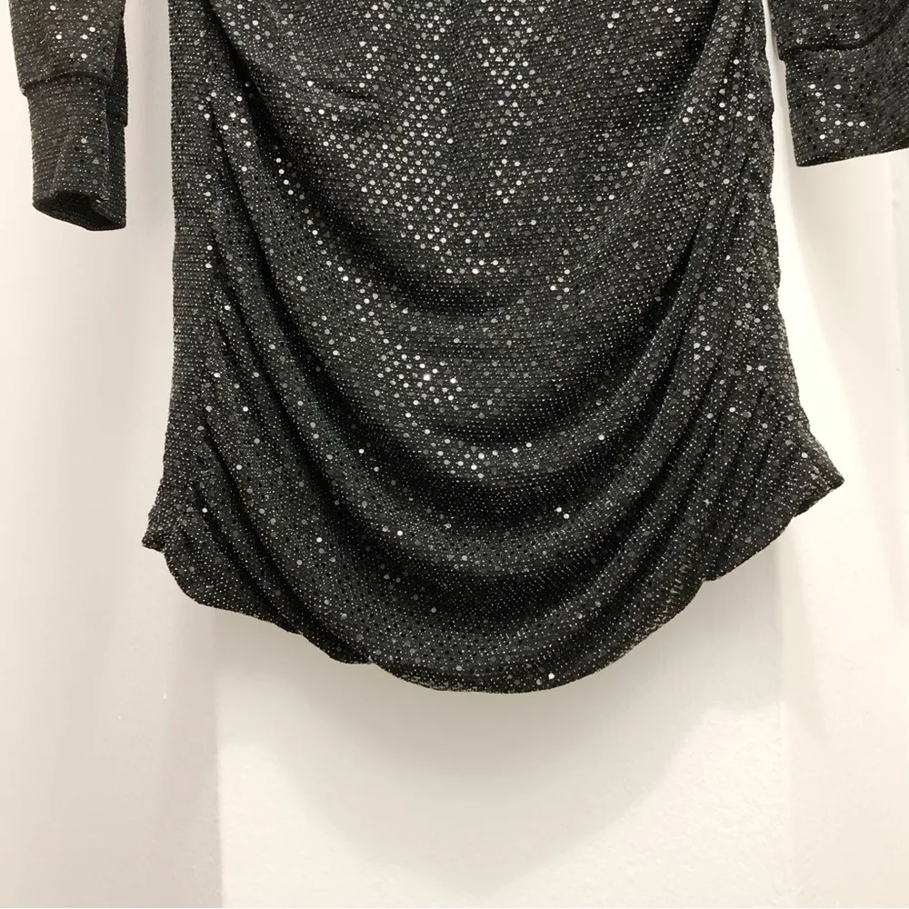 Women Black Sequins Long Sleeve Dress V - Image 3