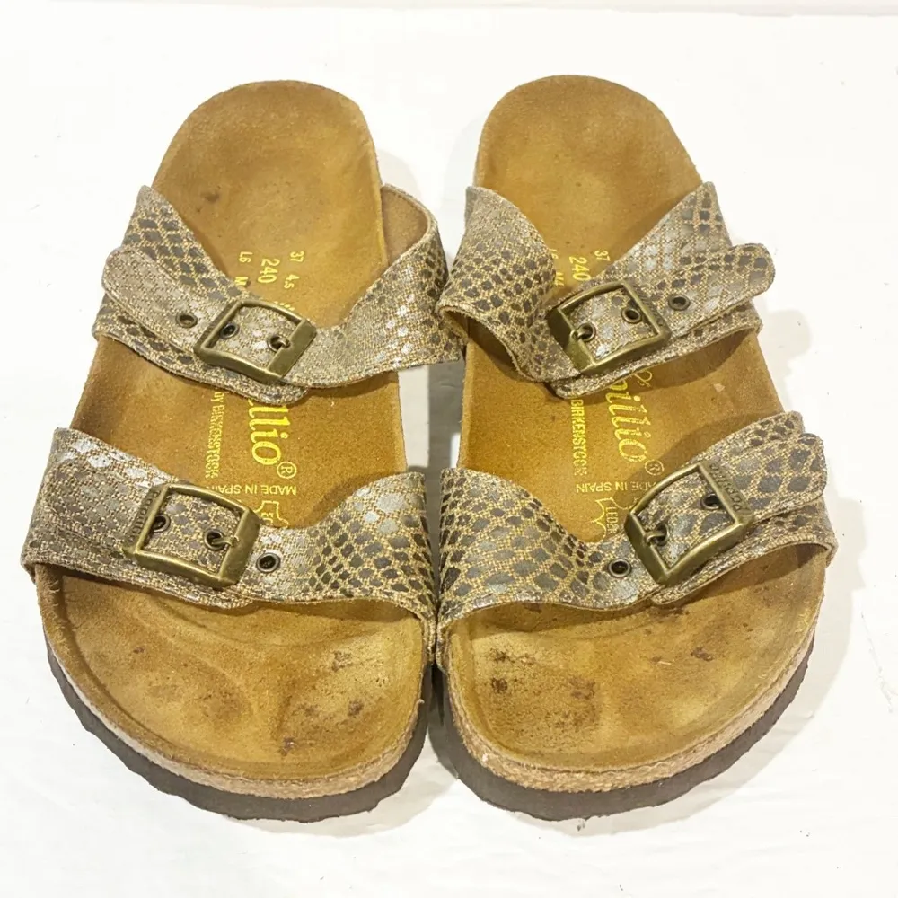 Birkenstock Papillion Sandals Womens Size 6 Gold Metallic Sydney Croc Print Shoe - Image 2