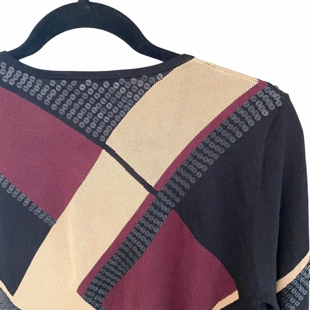 Ellen Tracy ā Sequin Trimmed Silk Print Cardigan Sweater ā Mahogany Sand ā Med - Image 8