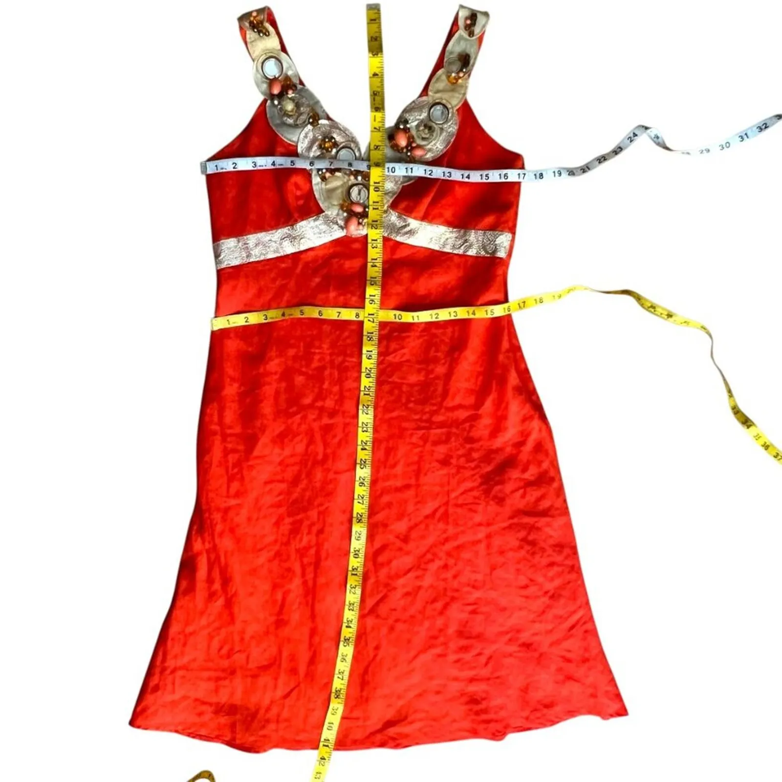 Vintage Medium Dress Y2K Cocktail Paris Beaded Linen Large Rene Derhy RARE Boho Orange - Image 12