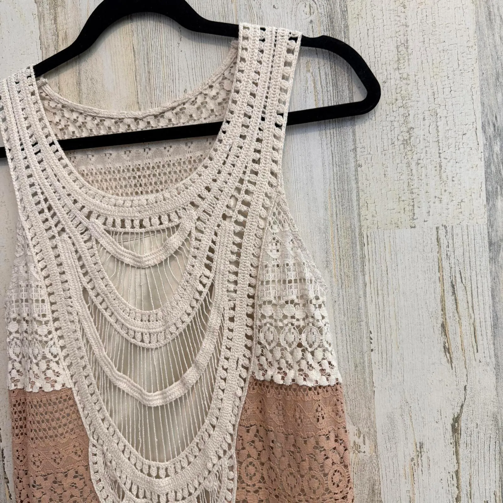 C. Luce Boho Crochet Lace Dress Small Ivory Taupe Colorblock Sleeveless Festival - Image 5