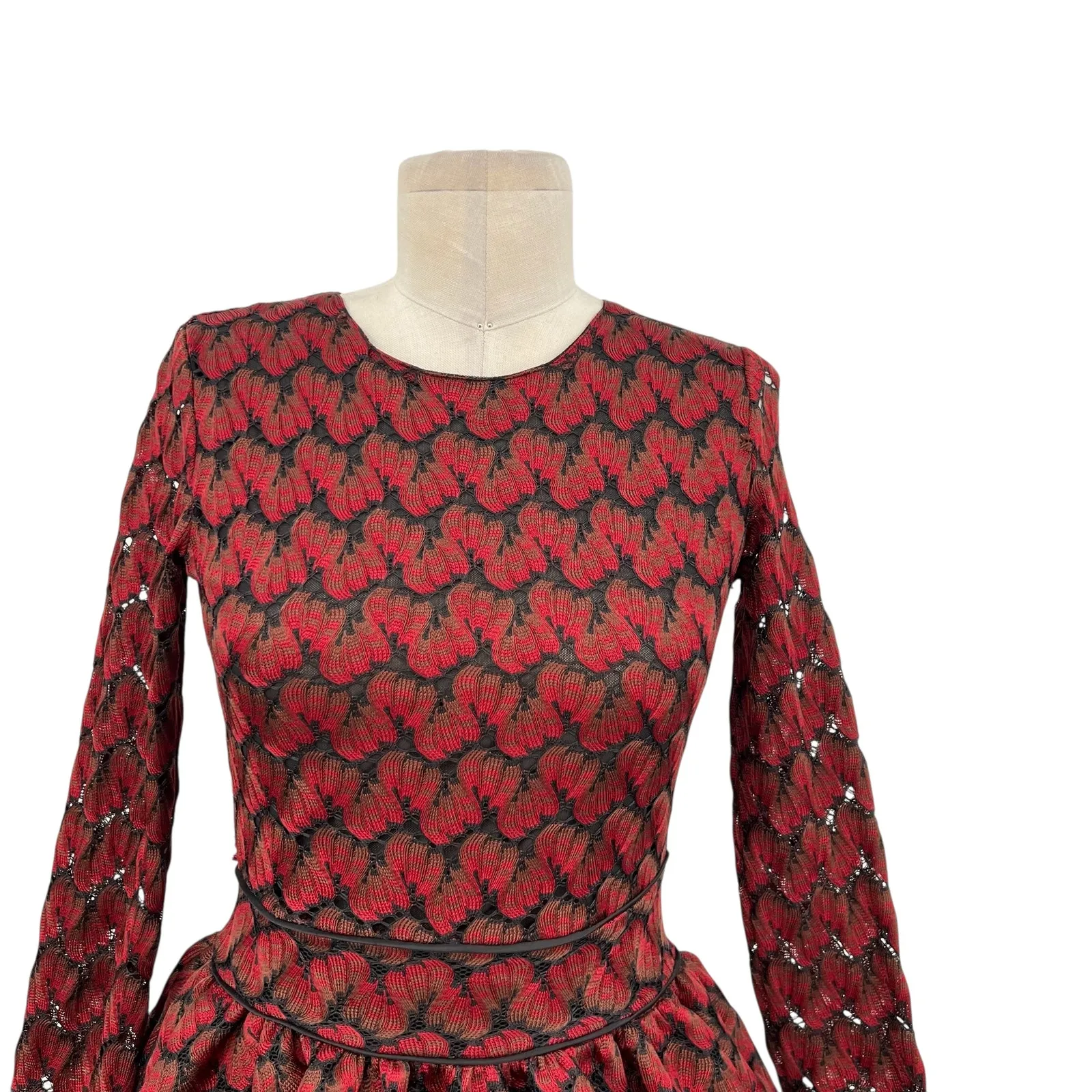 Maje Royani Jacquard‎ Dress Fit & Flare Long Sleeve Red Black Size 1 US Small - Image 3