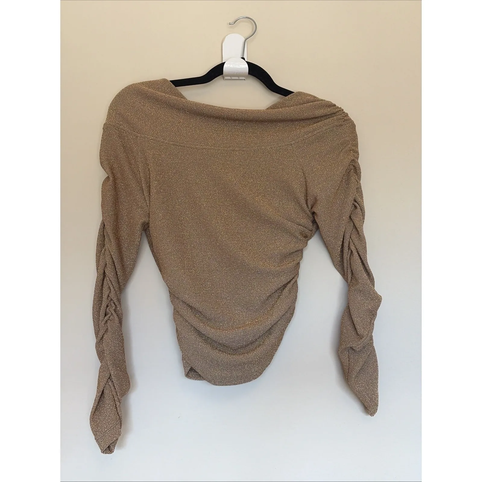 ITMFL Gold Sparkle Metallic Ruched Vneck Cropped Blouse Top Shirt Womens Small - Image 8