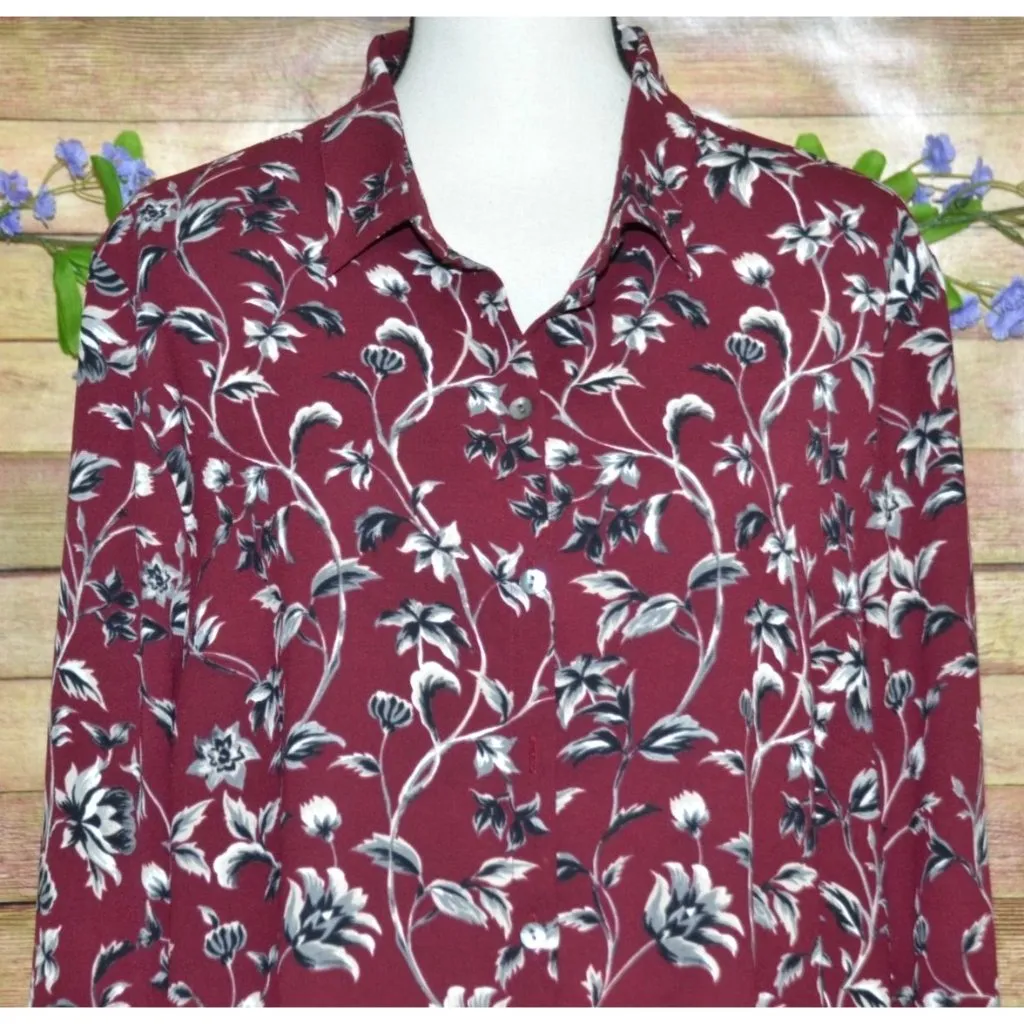 J. Jill Ladies Maroon Floral Button Up Tunic Blouse Size XL Modest Career Red - Image 2