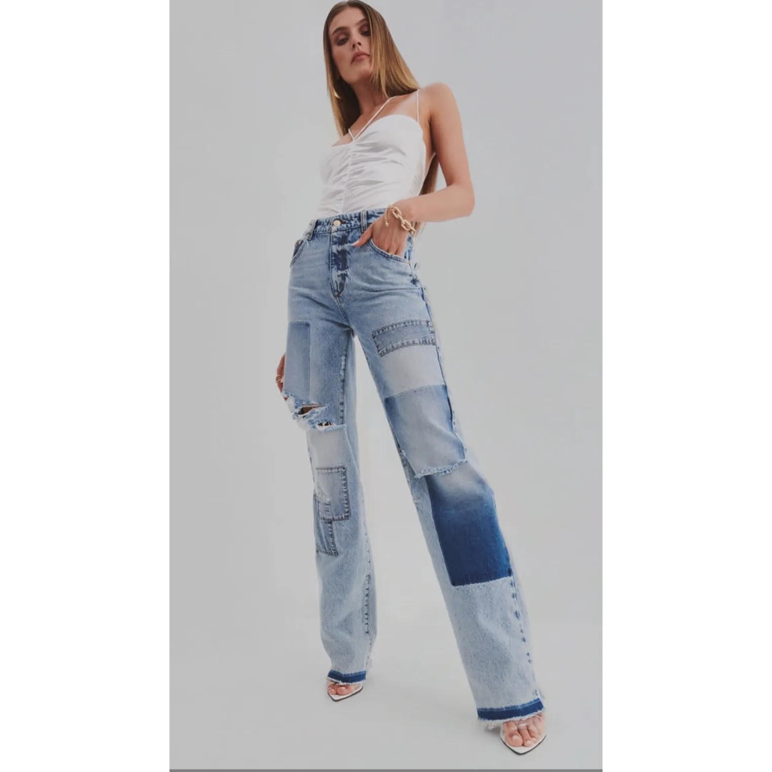 NWT SER.O.YA Heidi Straight Leg‎ Patch Jean Sz 25 $370 Blue - Image 4