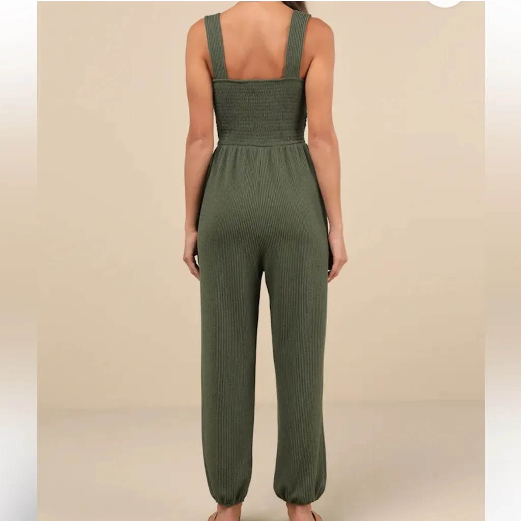 Lulus Social Calendar Olive Green Crinkled Ribbed Knit Jogger Jumpsuit Size XS - Image 11