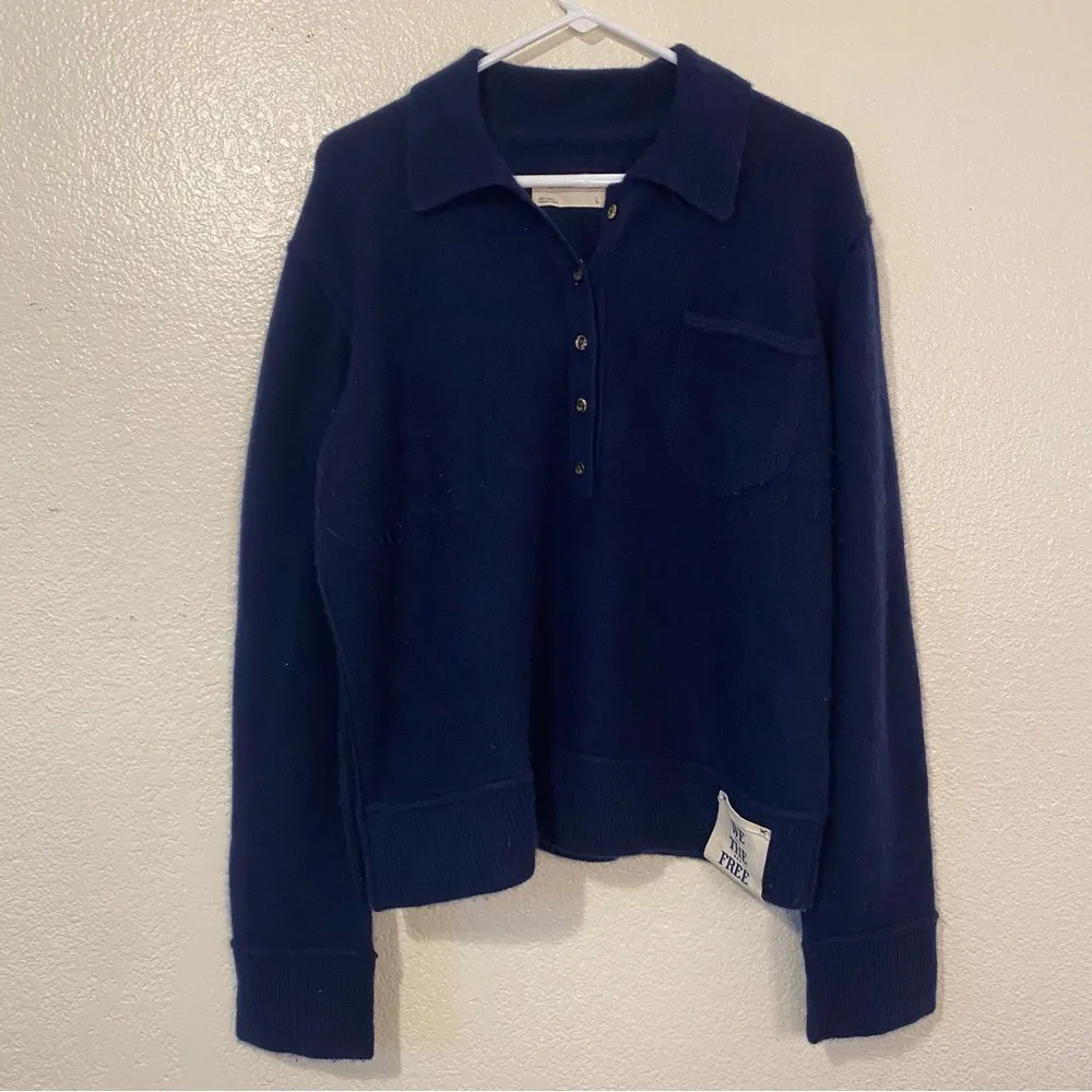 Free People We The Free Johnny Collared Cashmere Pullover Sweater Navy Blue Sz L - Image 5