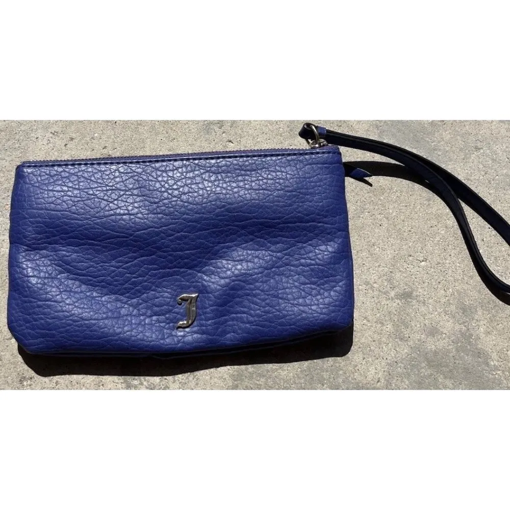 Juicy Couture Blue Faux Leather Pouch Wristlet Wallet Clutch Purse Black Lining - Image 10