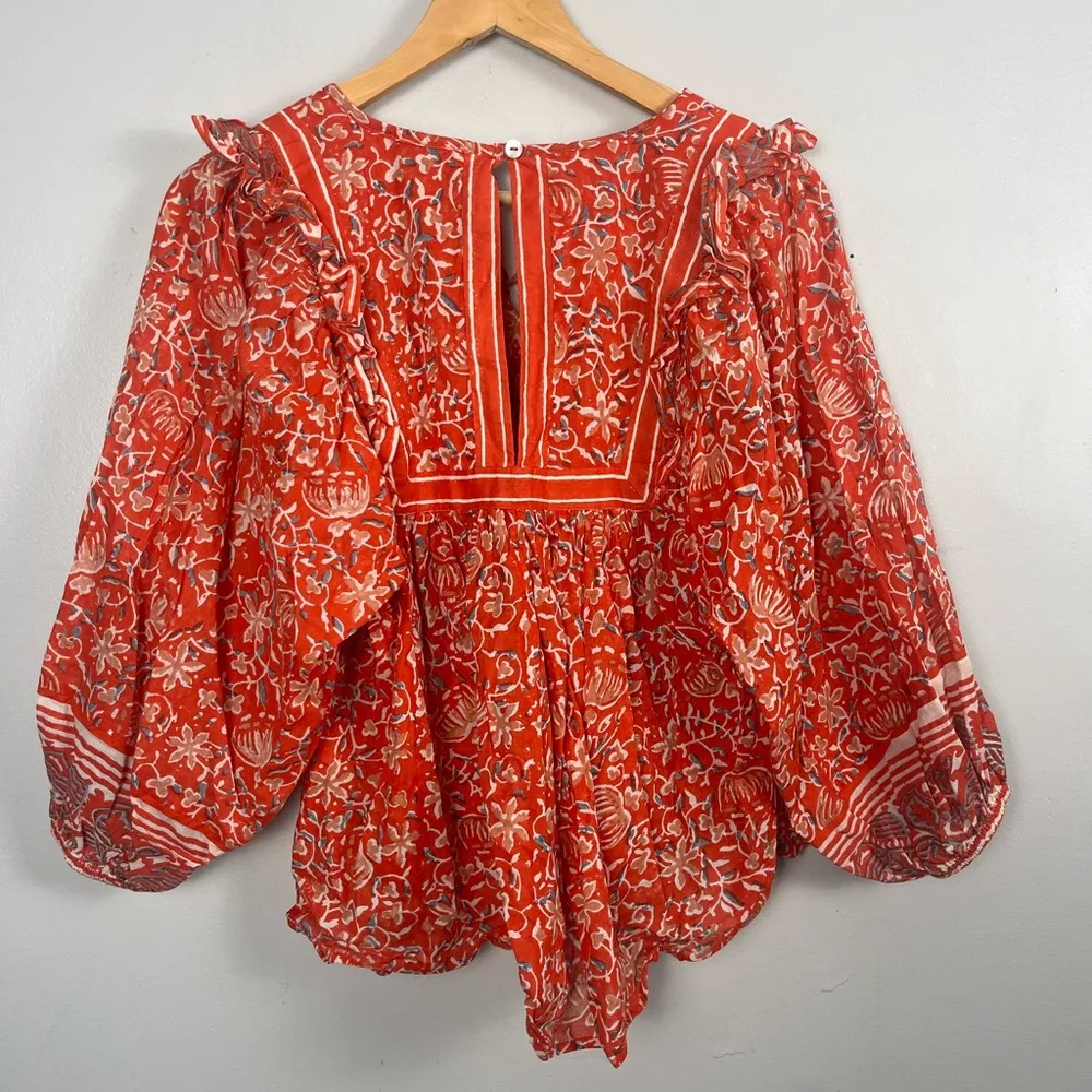 CLEOBELLA Mylah Blouse block print orange/red/white organic cotton top size xs - Image 9