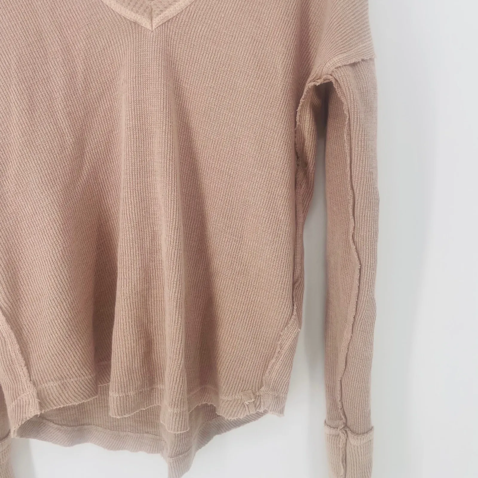 We The Free Thermal V Neck Long Sleeve Top Tan Henley Waffle Knit Size S - Image 5