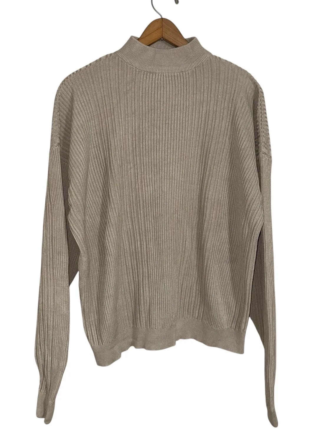 Cullen Womens Silk Ribbed Knit Mock Neck Sweater Long Sleeve Beige Large Tan - Image 1