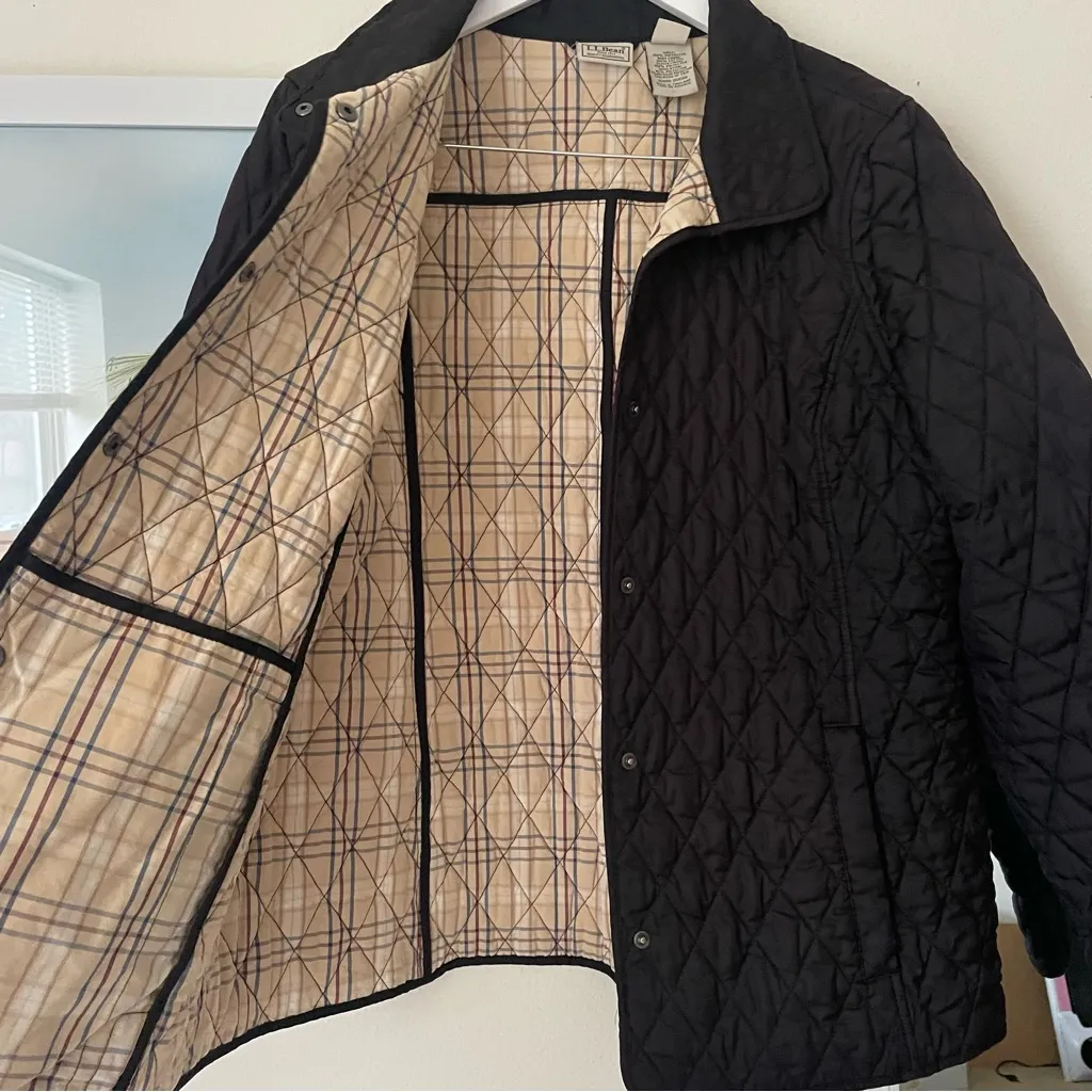 LL Bean Vintage 90s Quilted Plaid Lining Barn Jacket Chore Coat Black Size L - Image 2