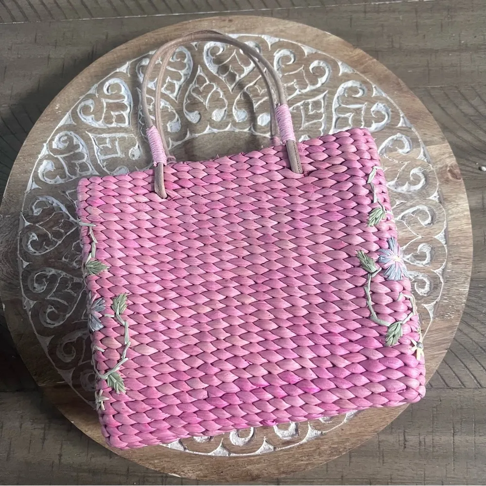 Vintage pink straw wicker square bag - Image 4