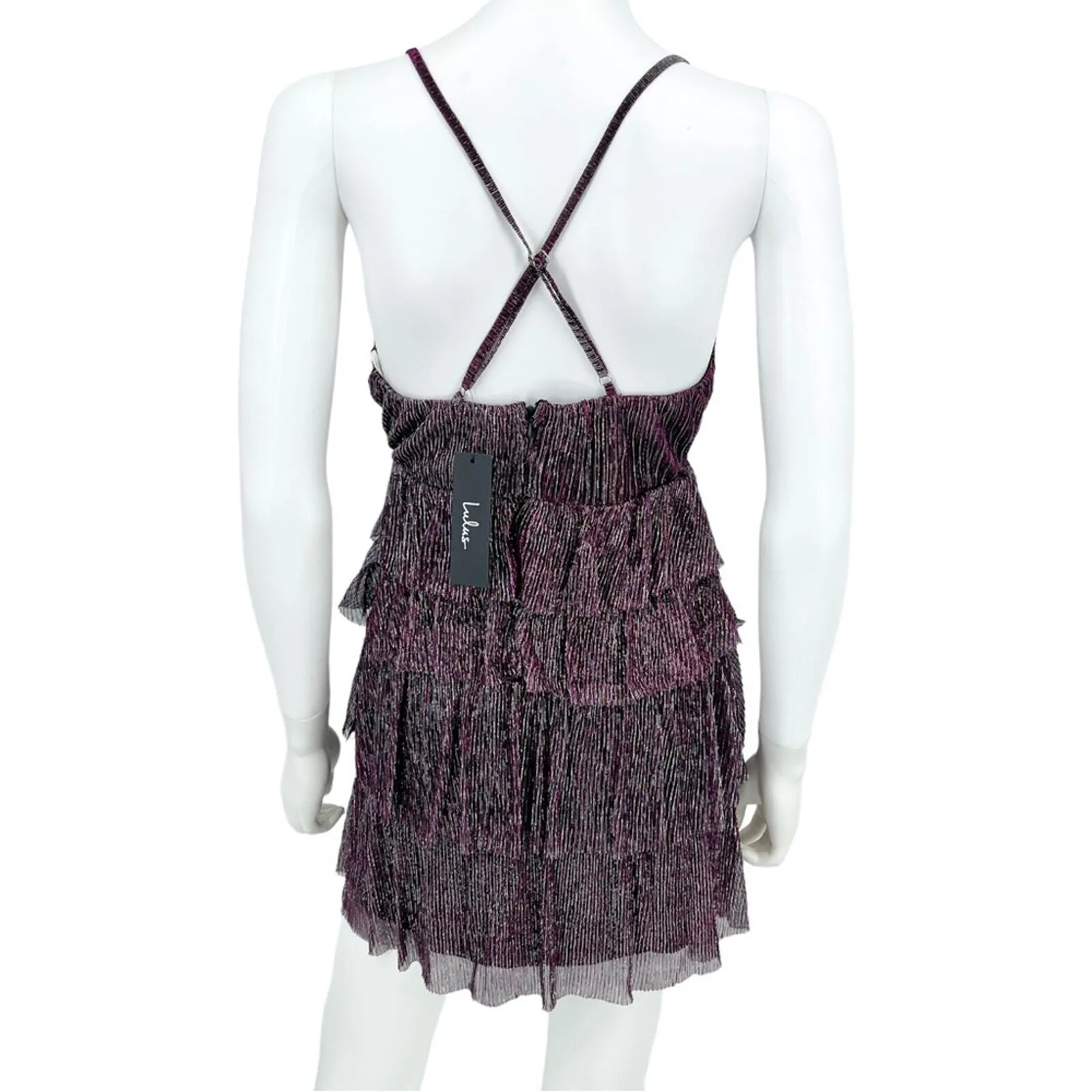 Lulus Dress Women Size Small Glowing Gorgeous Mini Magenta Metallic Tiered NWT - Image 5
