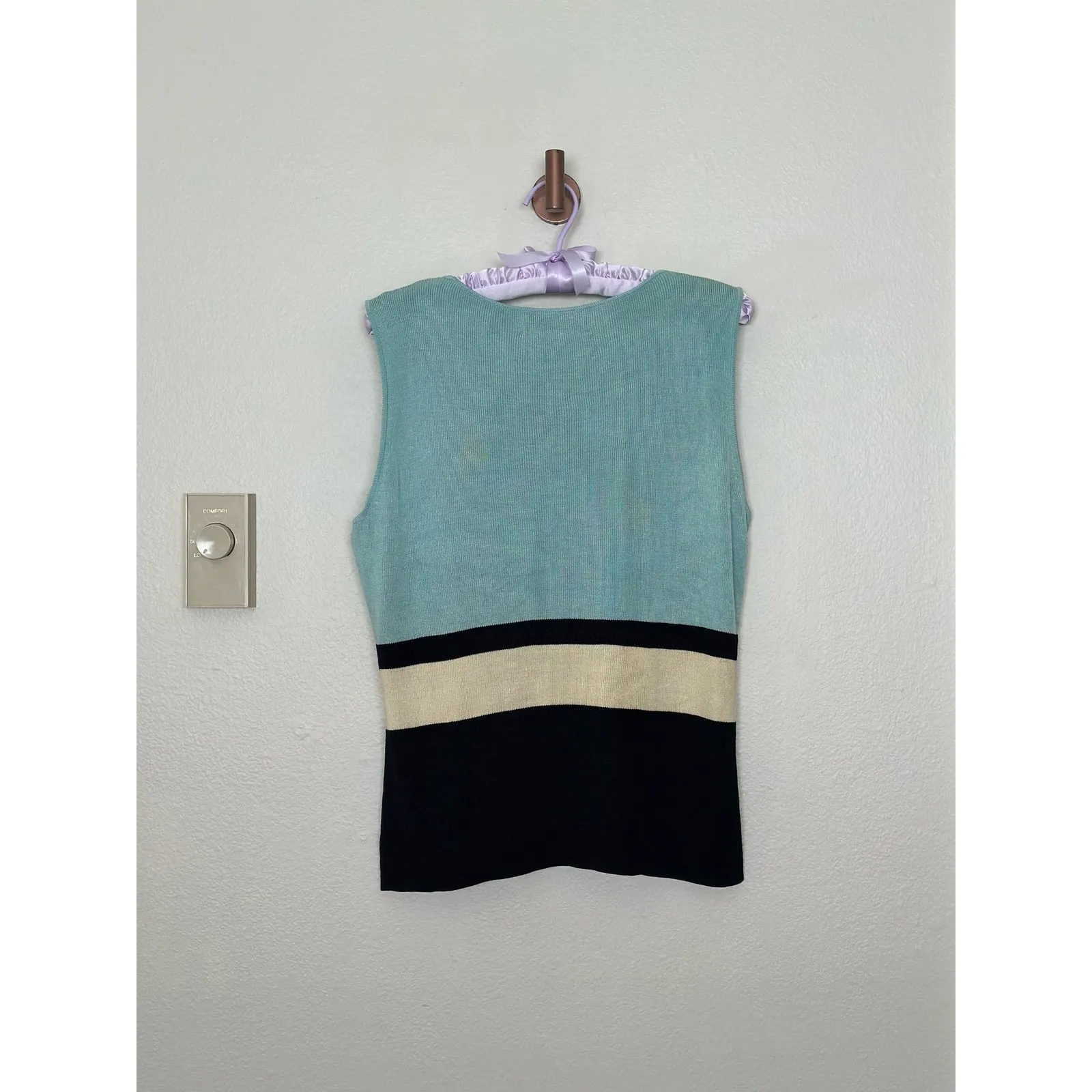 Vintage 100% Silk Alfani Colorblock Blue Black Yellow Knit Tank Top Retro - Image 6