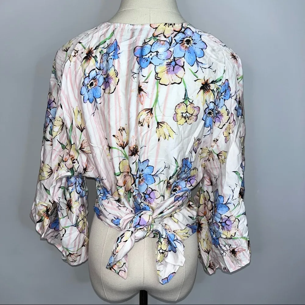 OLIVACEOUS Pink Striped Floral Wrap Tie V Neck Blouse Top Small NWT - Image 9