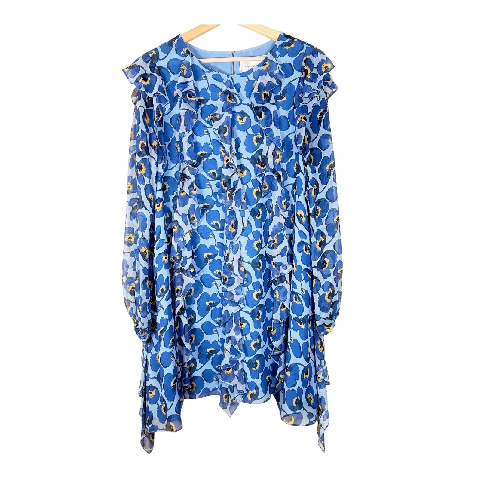 Carolina Herrera Floral Silk Chiffon Ruffle A-Line Mini Dress Blue Print Size 10 - Image 3