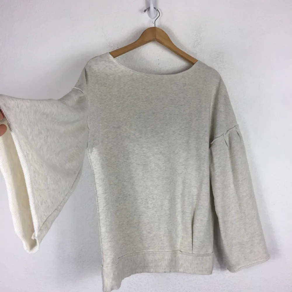 Free People Oatmeal Bell Sleeve Lasor Cut Out Lace Appliqué Sweatshirt Small - Image 9