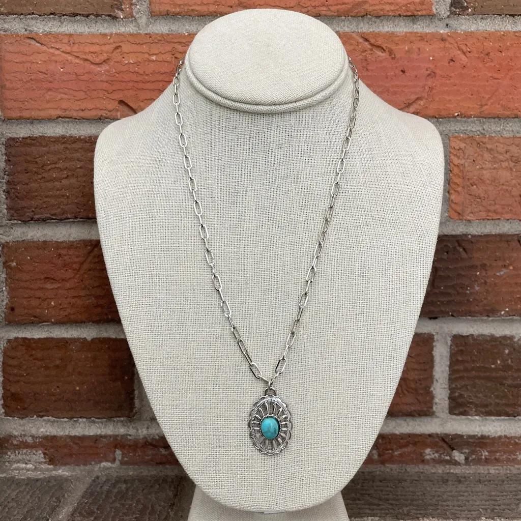 Cutout Concho Necklace Set with Faux Turquoise & Navajo Style Pearls Silver - Image 5