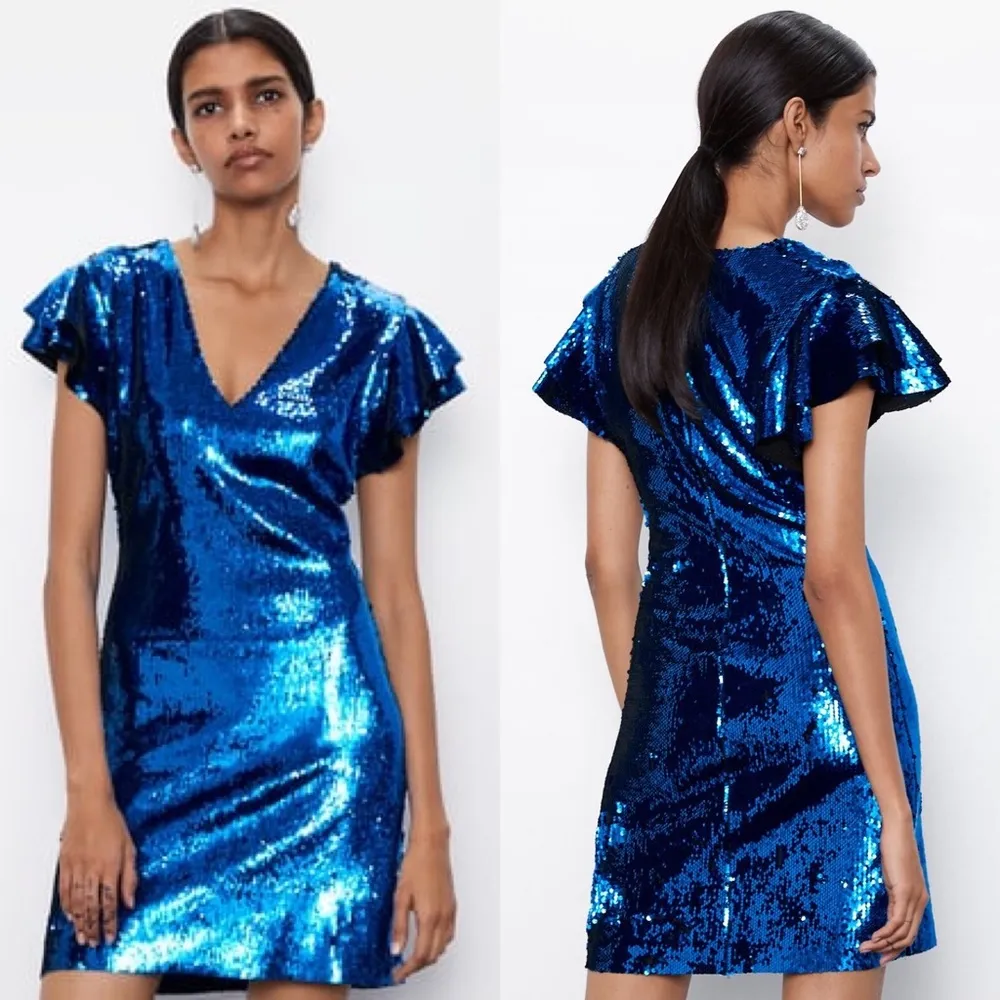 Zara SEQUIN MINI SHORT V-NECK DRESS Ruffled Short Sleeve BLUE Size XS NWT. - Image 2