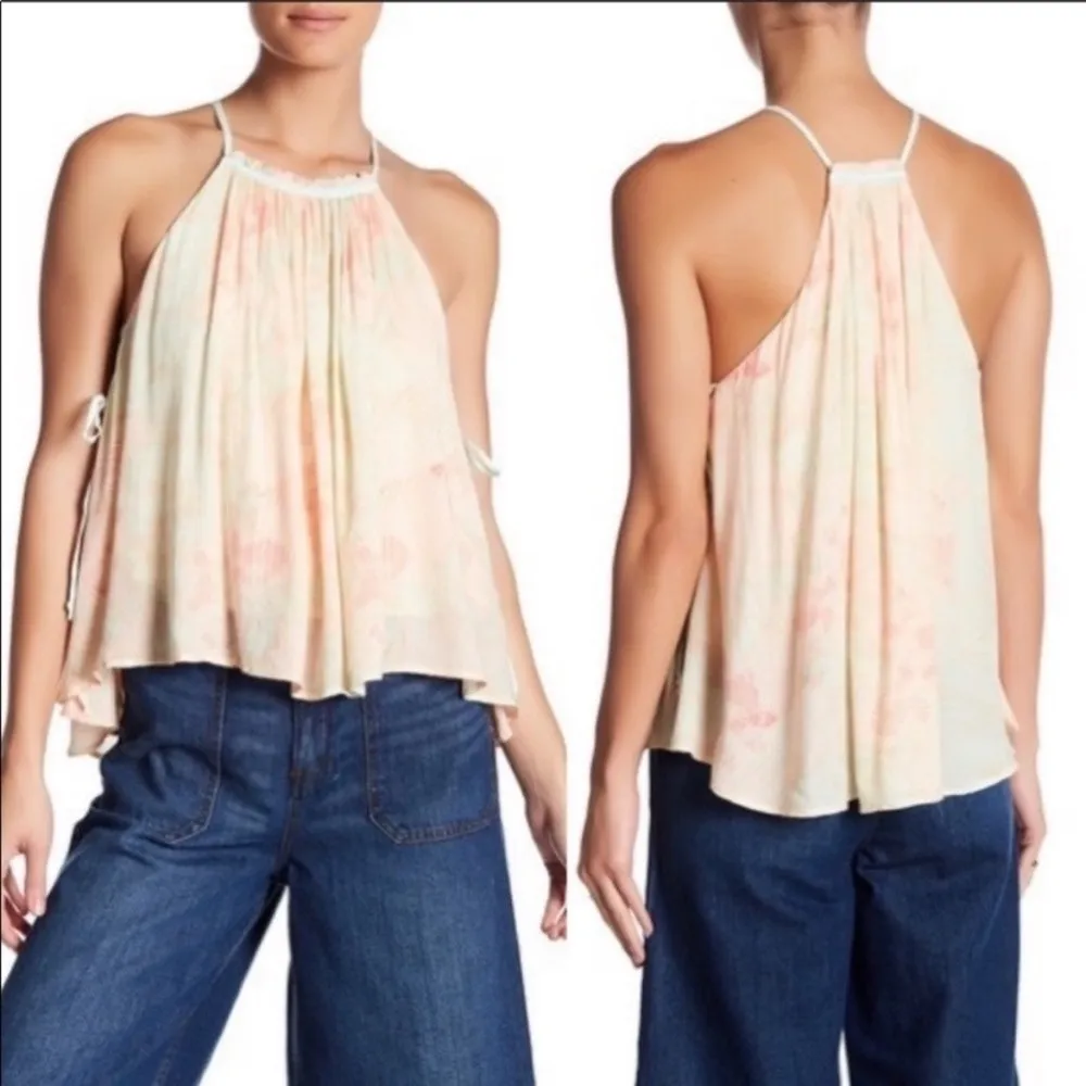 Free People cream, green & pink pastel dot print tank top size M - Image 2