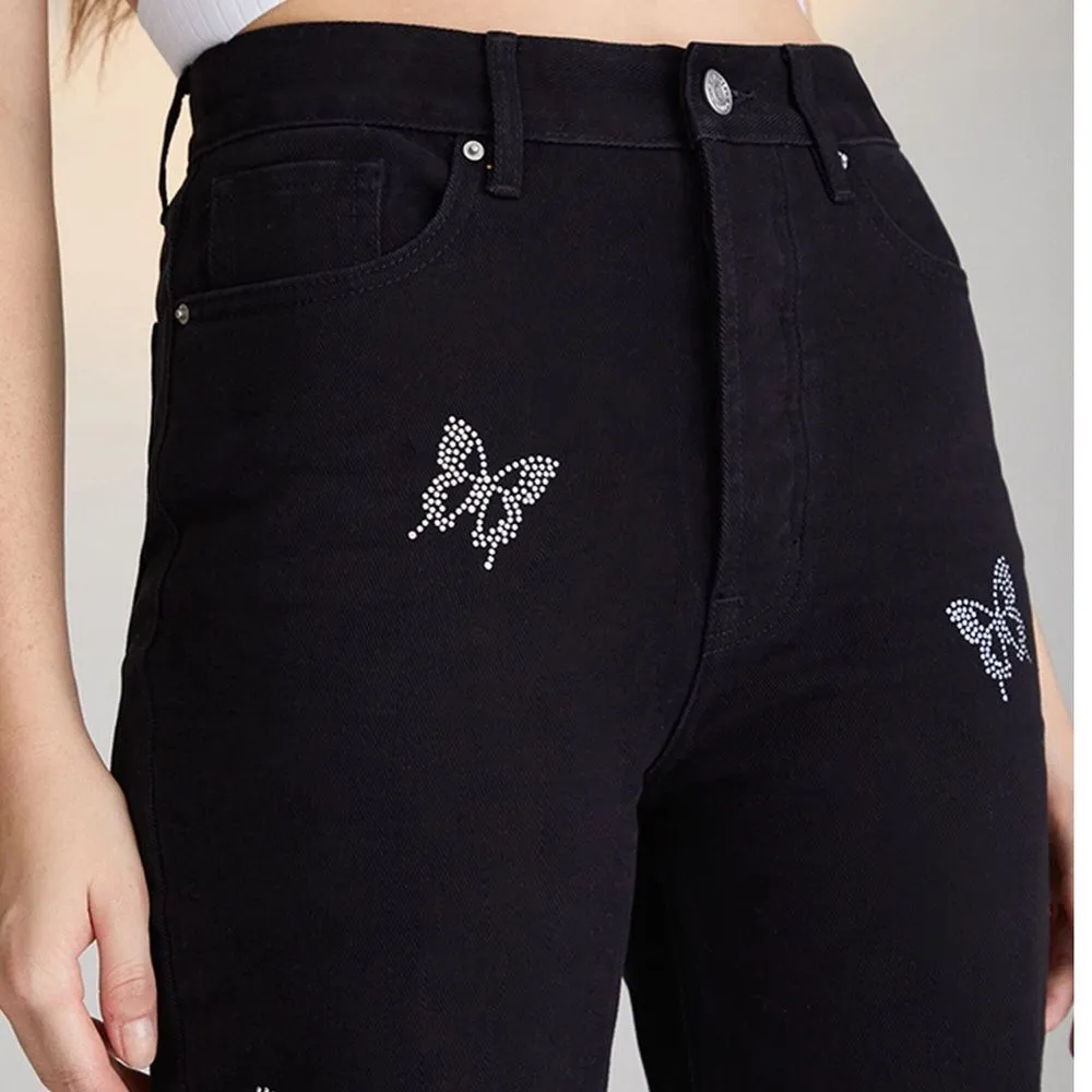 Pacsun Women's 100% Cotton Black Ultra High Rise Slim Black Jeans Butterfly Desi - Image 4