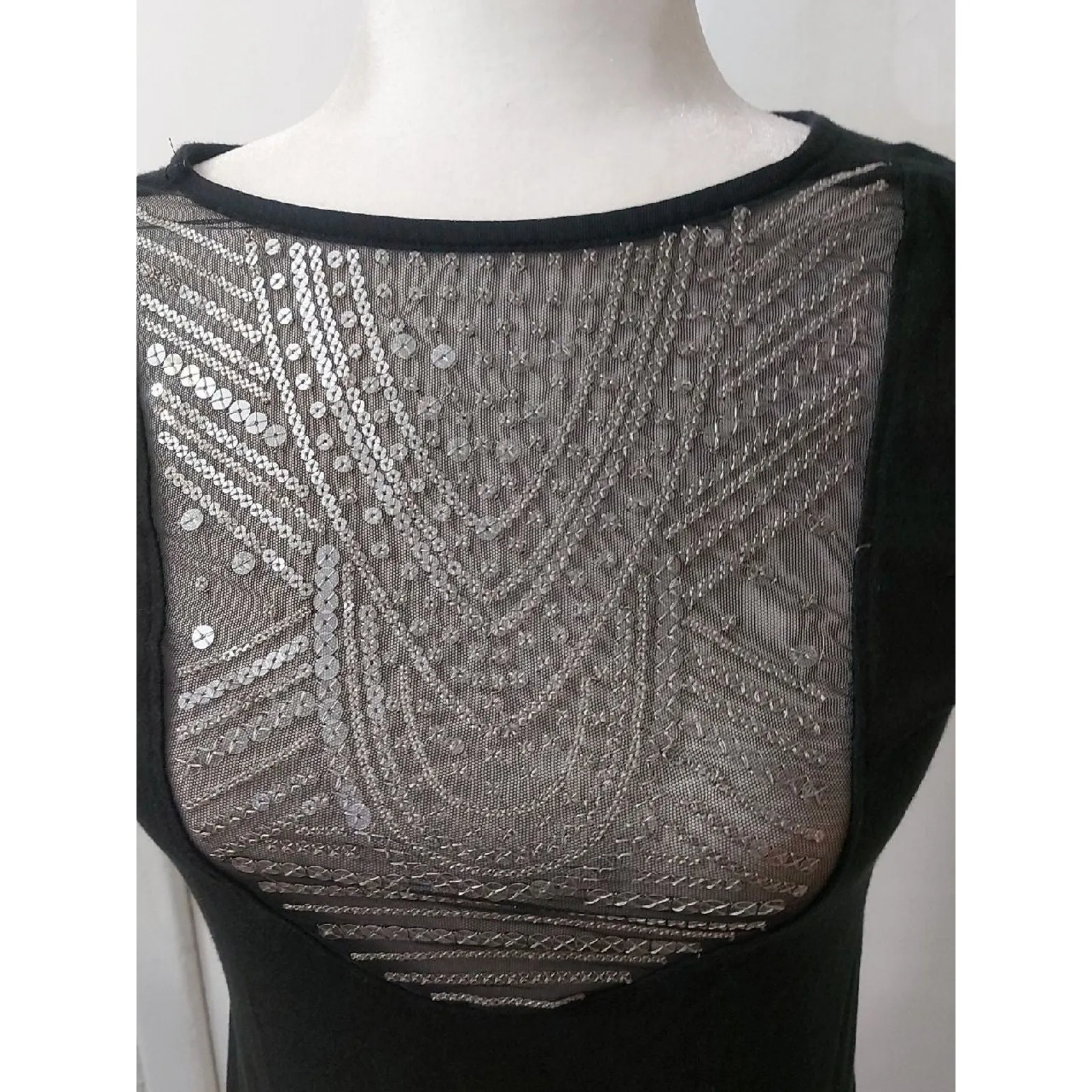 Victoria Secret Black Sheer Pattern Sequin Short Sleeve Top S Retro Girl Glam - Image 5