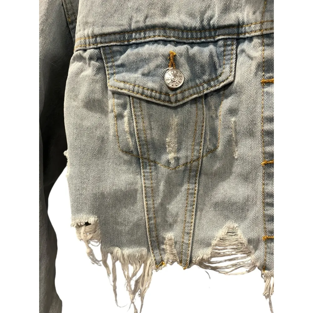 Trio Urban NWT Virgin Mary Blessed Cropped Denim Jean Jacket Size Small/Medium Blue - Image 3