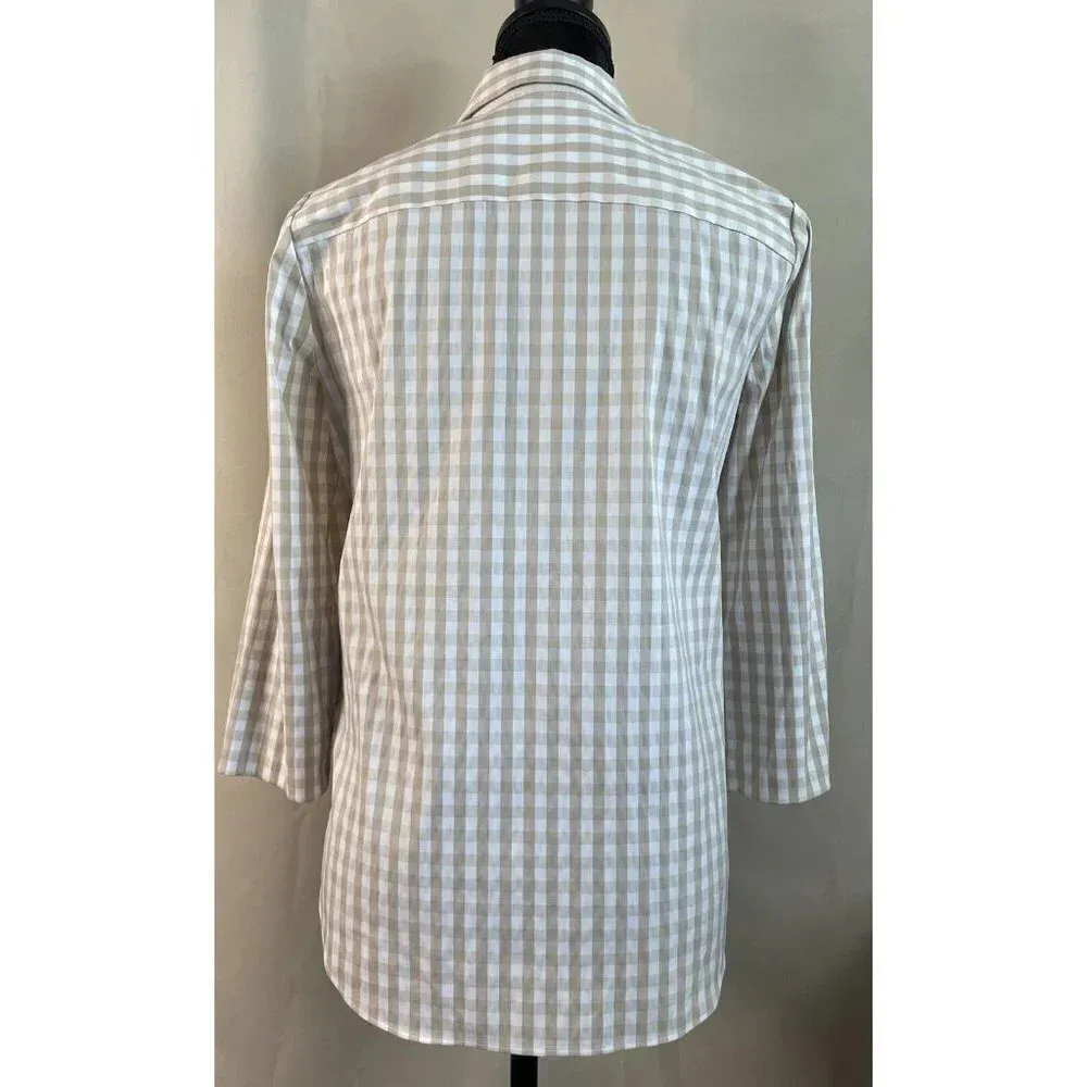 Lafayette 148 Brown White‎ Gingham Button Up Shirt Blouse 3/4 Sleeve Size P XS White - Image 2