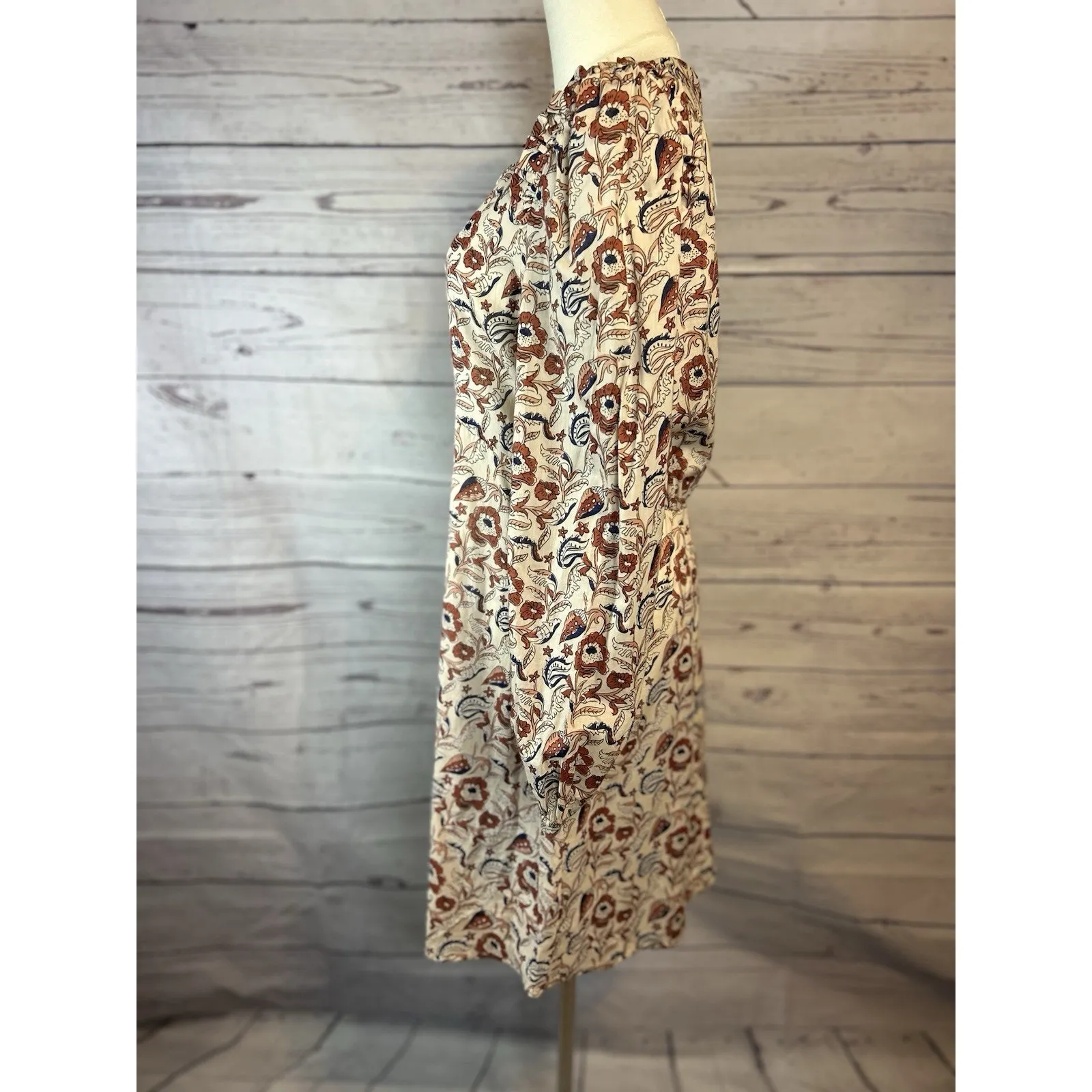 NWT Banana Republic Boho Floral Dress M 100% Cotton Brown Peach Blue Long Sleeve - Image 4