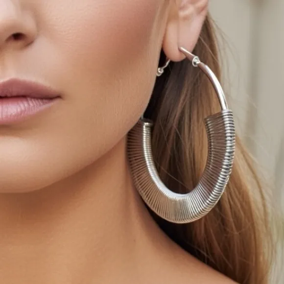 Lane Bryant Hoop Earrings Silver Tone Coil Wrap Statement Womens Nickel Free - Image 3