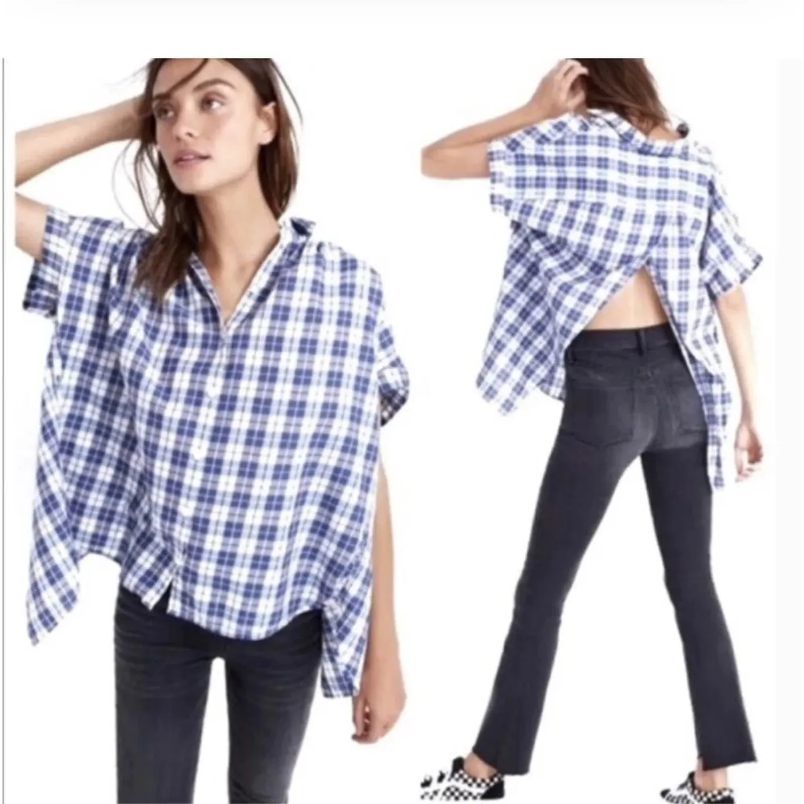 EUC Women's Madewell Central Plaid‎ Split Back Oversized Shirt Top-XS - Image 5