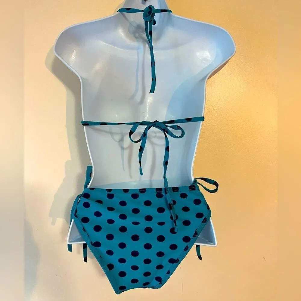 Teal and Navy Polka Dot String Bikini Sz OS Blue - Image 3