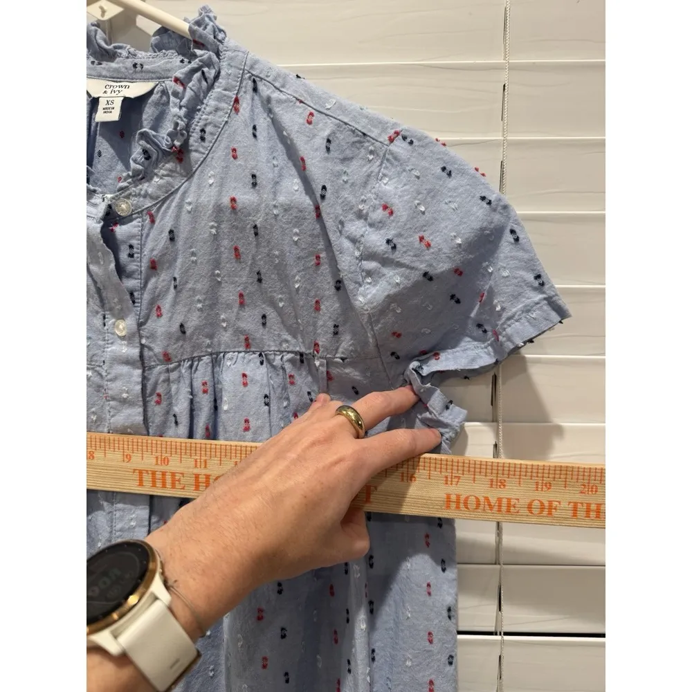 Crown & Ivy Blue Cotton Button Front Short Cap Sleeve Top Sz XS Ruffle Mock Neck - Image 8