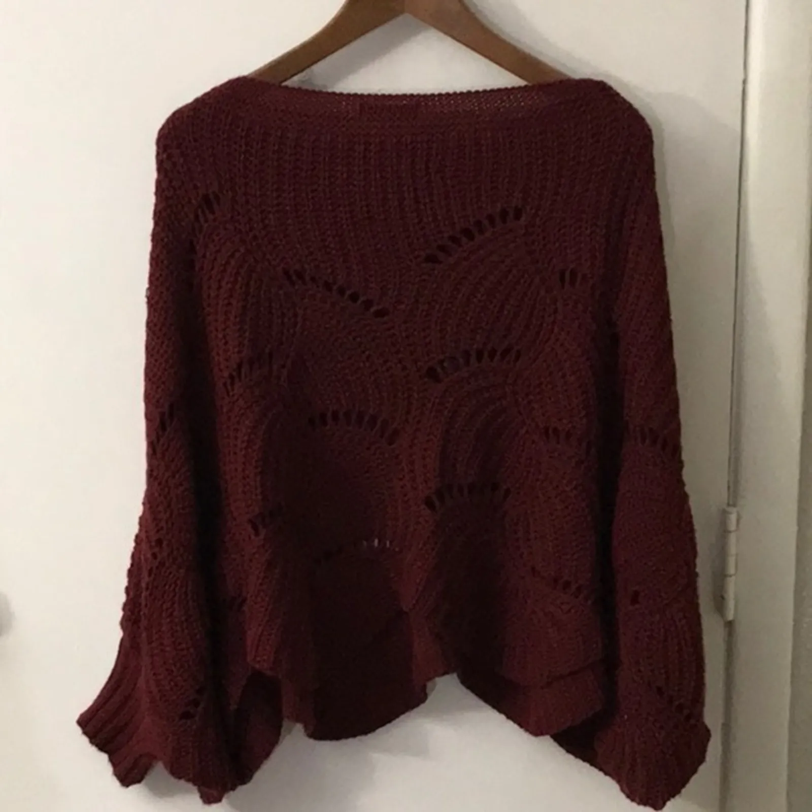 SHEIN Burgundy Chunky Sweater Poncho Sleeves S Grandmacore Cozy Comfy Winter - Image 4