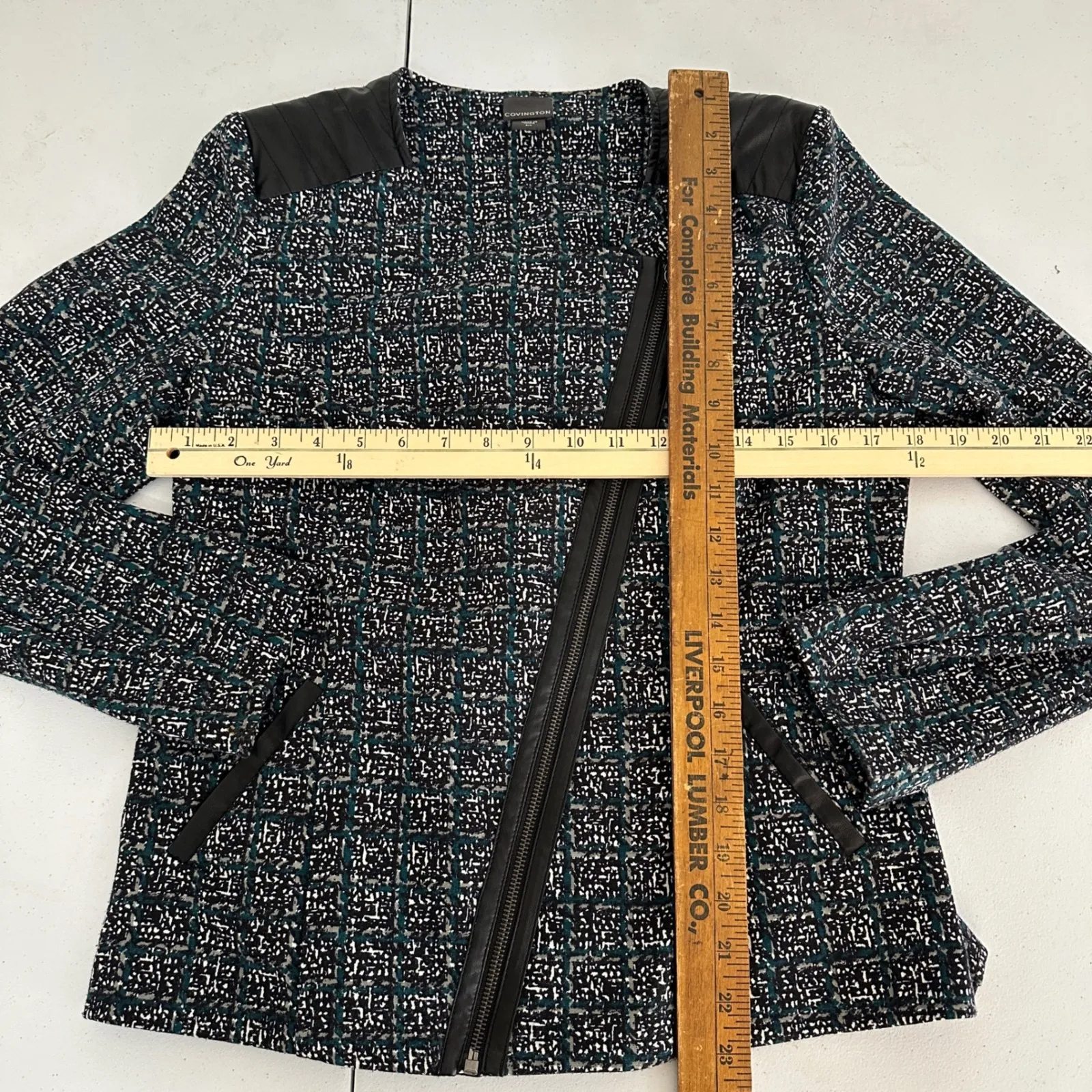 Covington Moto Jacket Blazer Women Small Faux Leather Trim‎ Textured Teal Plaid - Image 12