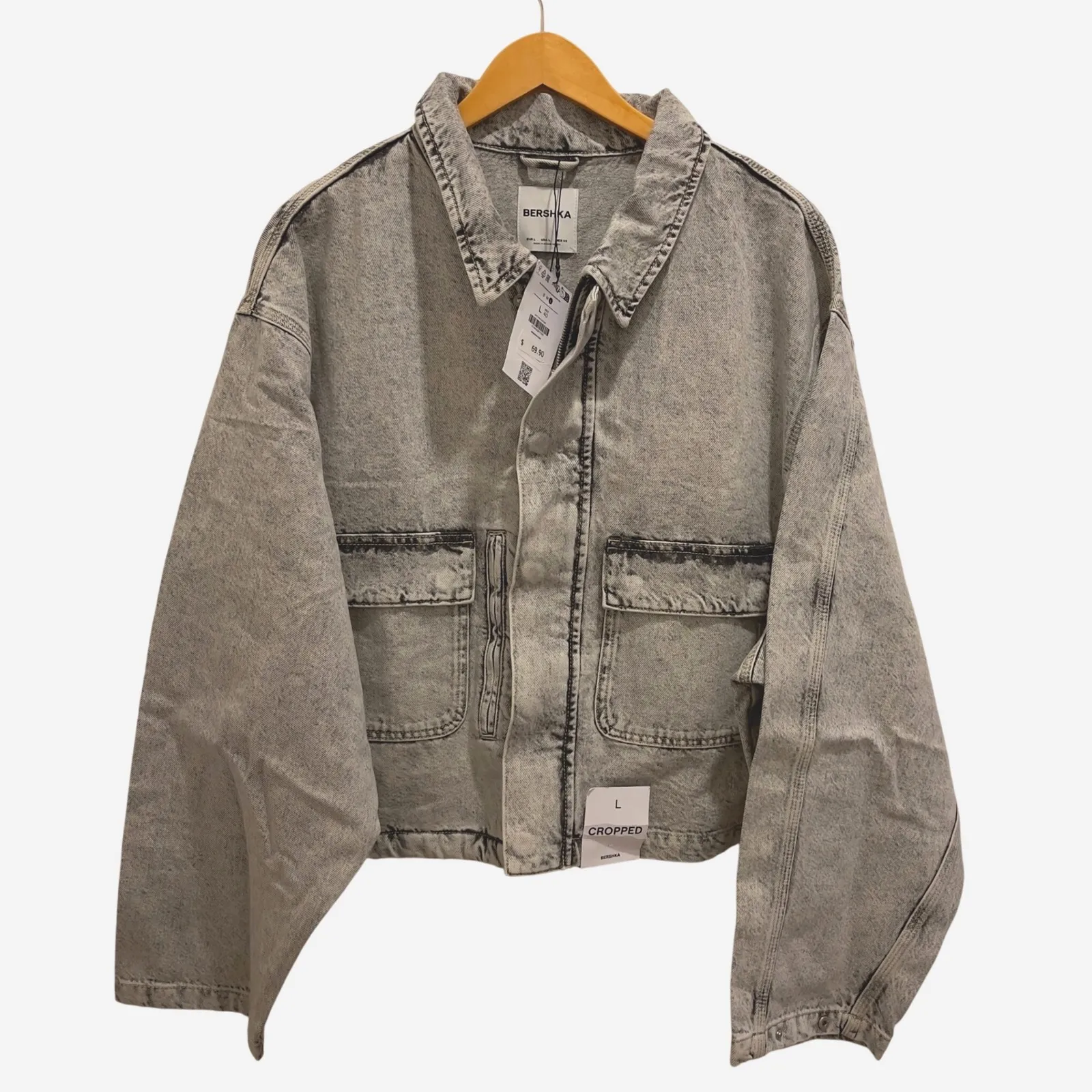 Bershka Acid Wash Gray Cropped Denim Jacket Oversized Trucker Style Large - Image 1