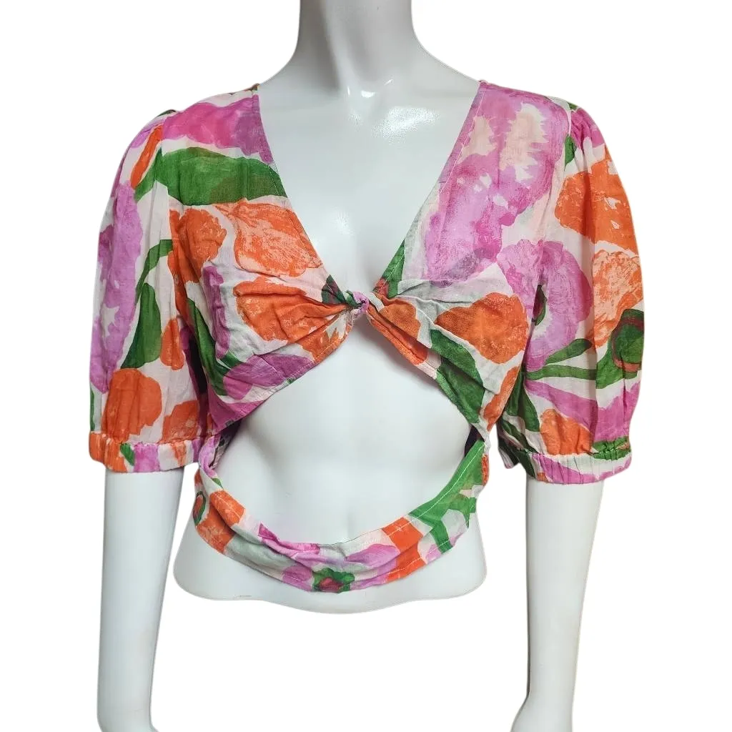 Banjanan Purple, Orange, Green, & White Floral Cropped Cut Out Top (L) Orange Size L - Image 6