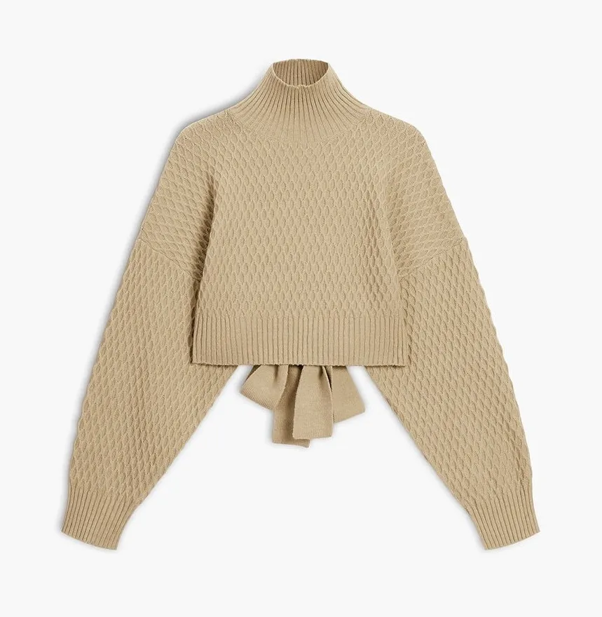 The Commense Tie Back Mock Neck Sweater Knit Cutout Beige Cropped size MEDIUM Tan - Image 1