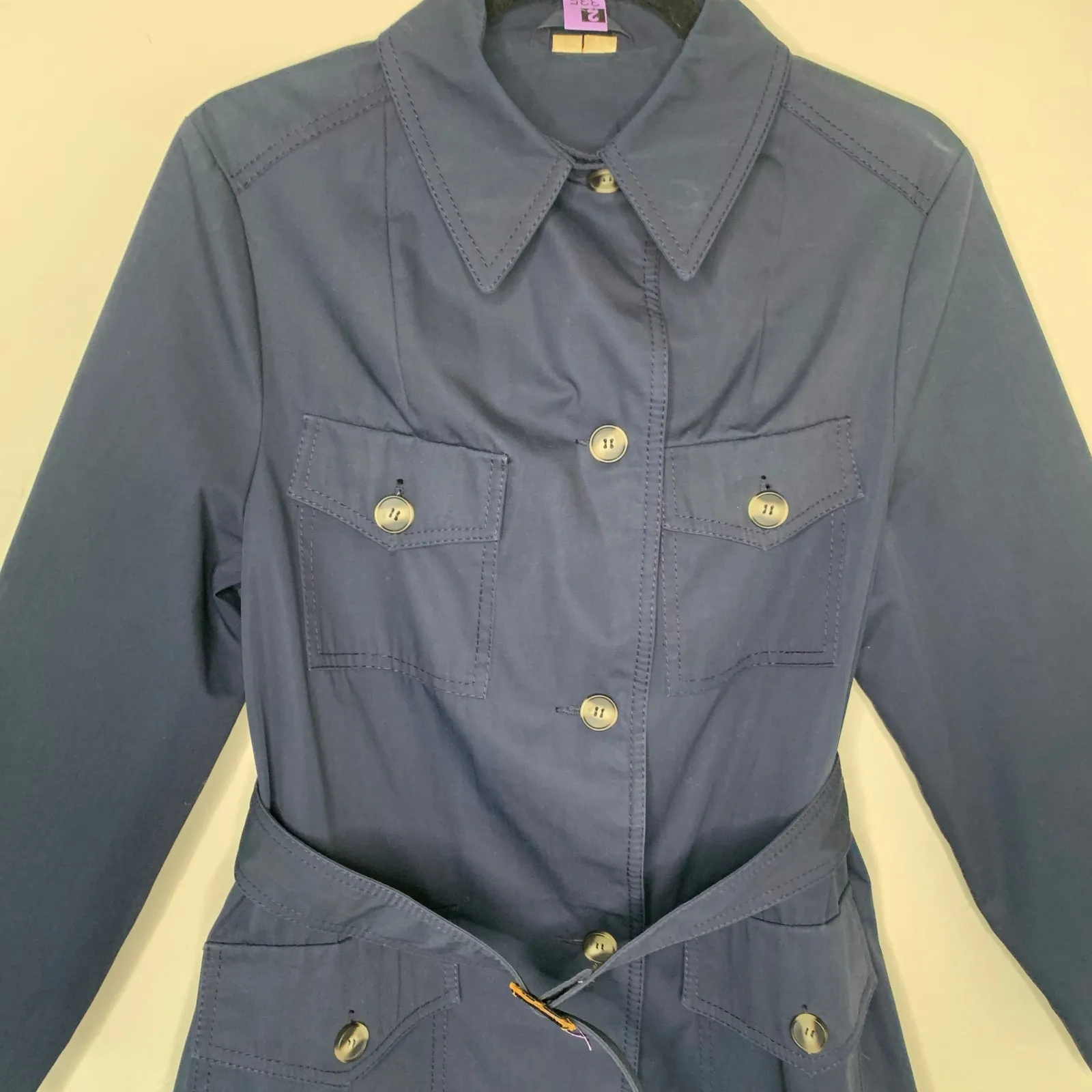 Navy Blue Vintage 70s 80s Trench Coat Horn Button Style Belted Classic Medium - Image 7