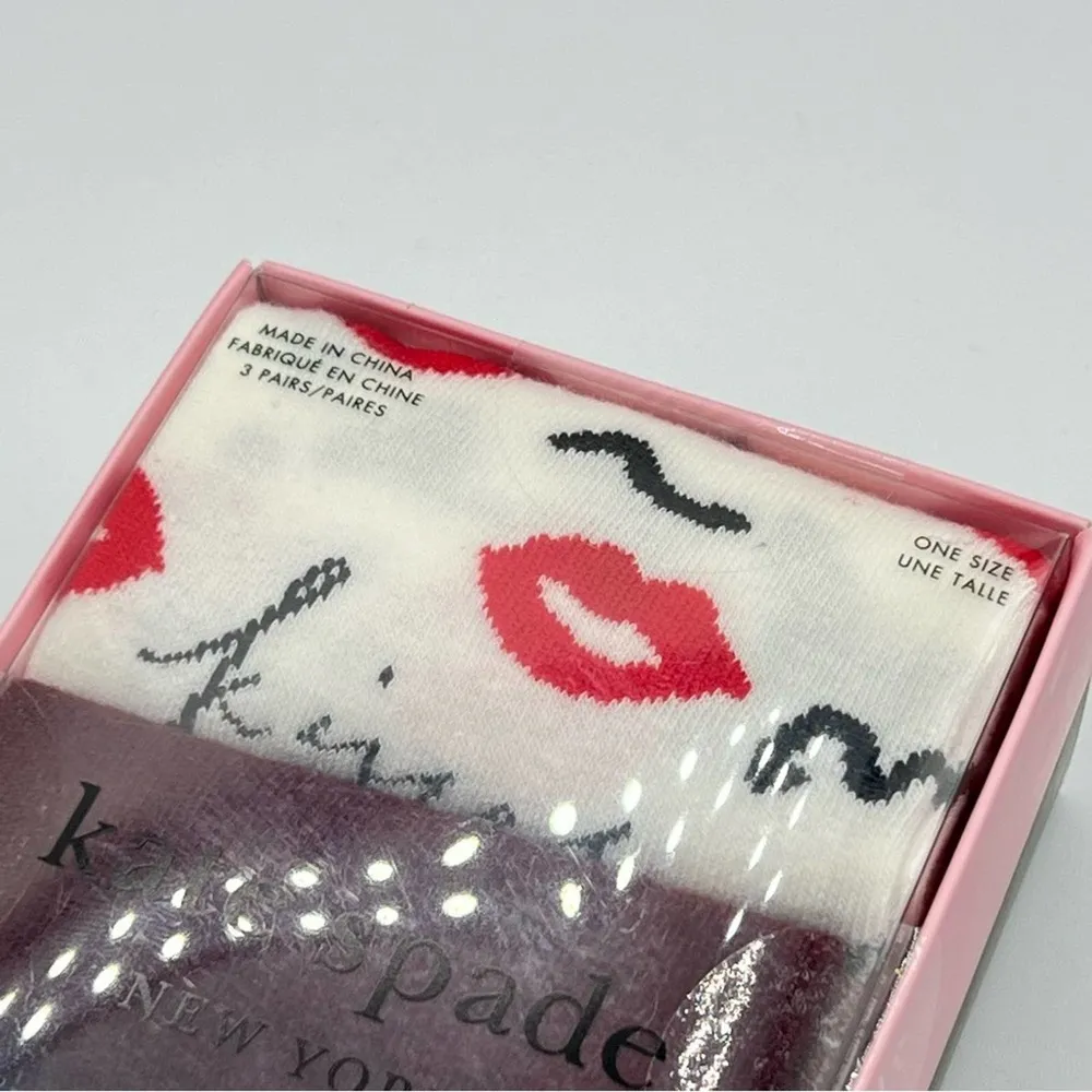 Kate Spade Crew Lips Print Striped Solid 3 Pairs Crew Socks Gift Box - Image 4
