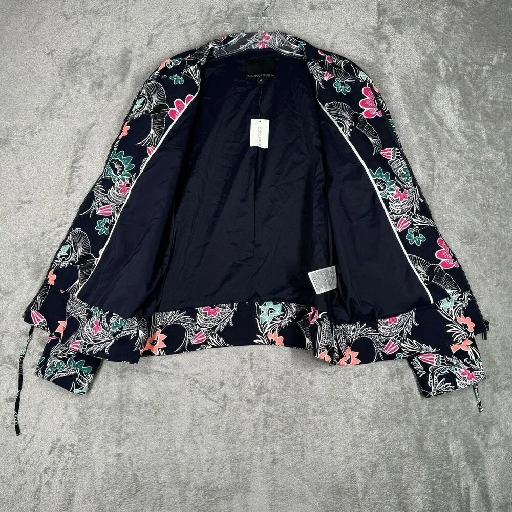 Banana Republic Jacket Womens Medium Black Pink Bird Print Drapery Bomber Casual - Image 5
