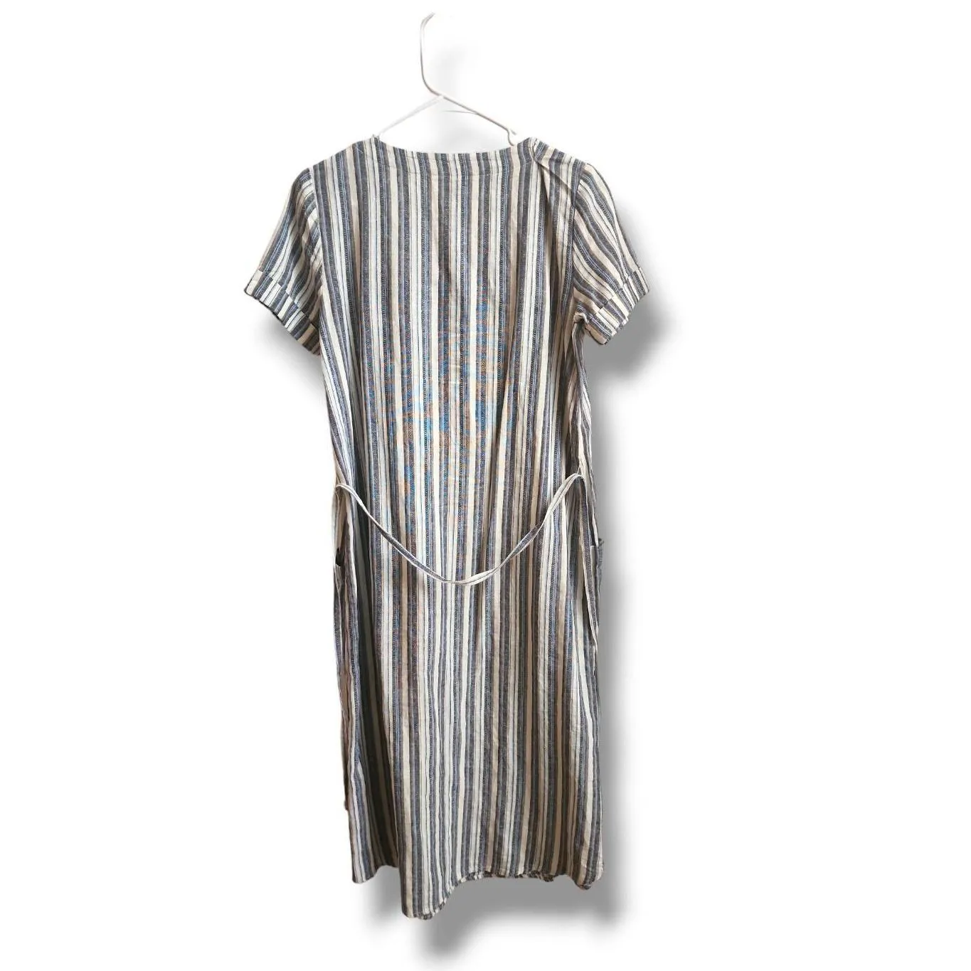 Final Touch blue grey Linen midi striped sheath pocket dress w belt sz S comfort - Image 4